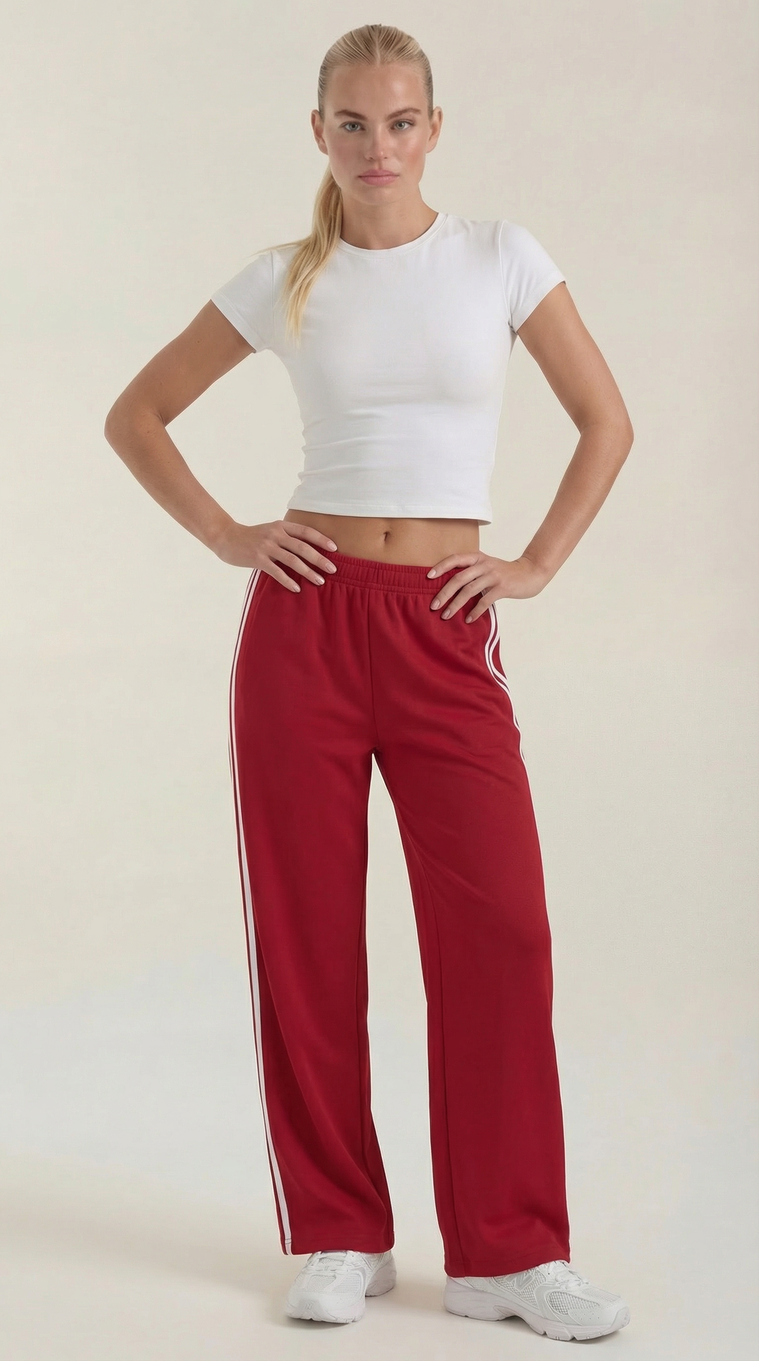 Eileen Women's Drawstring Wide Leg Side Stripe Joggers - Red