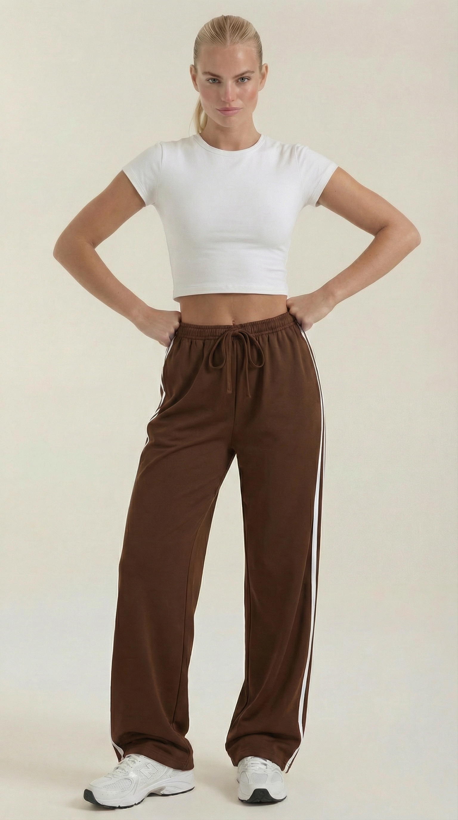 Eileen Women's Drawstring Wide Leg Side Stripe Joggers - Brown
