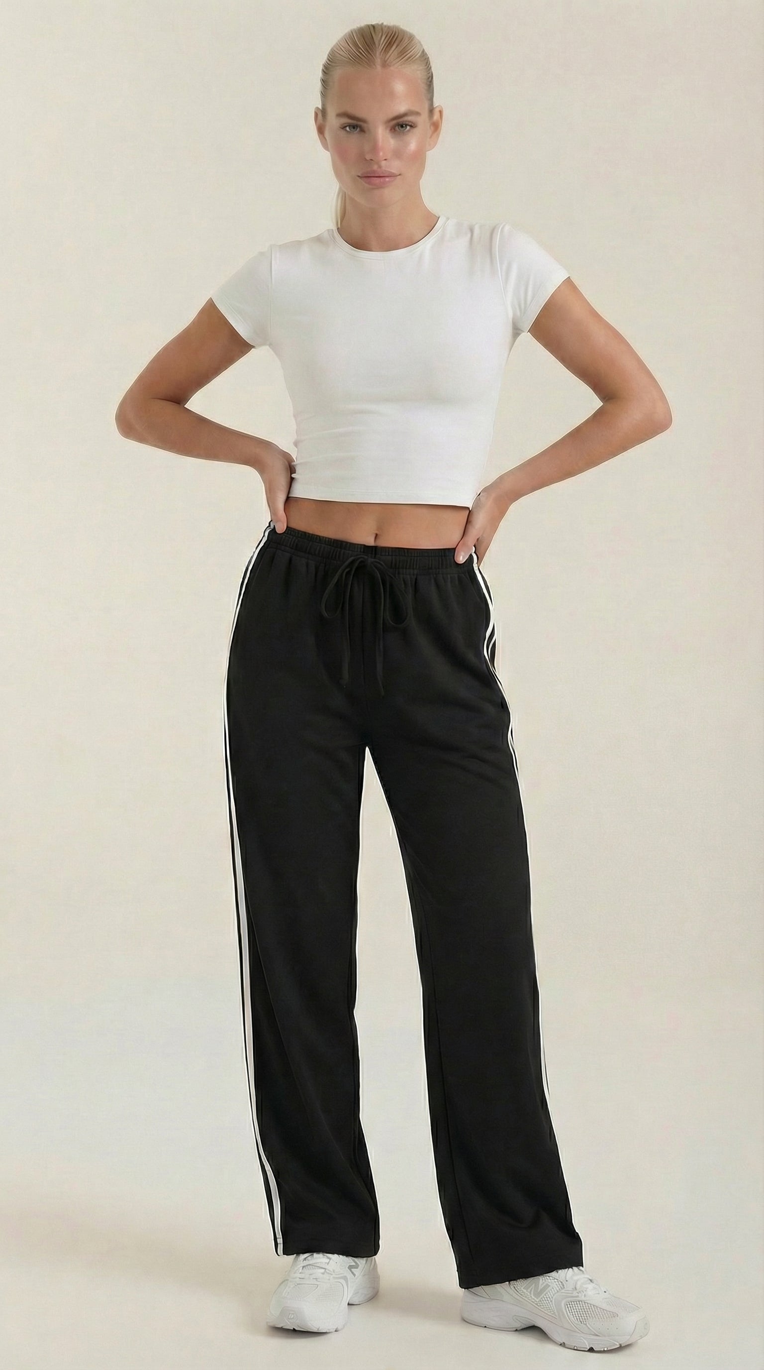 Eileen Women's Drawstring Wide Leg Side Stripe Joggers - Black