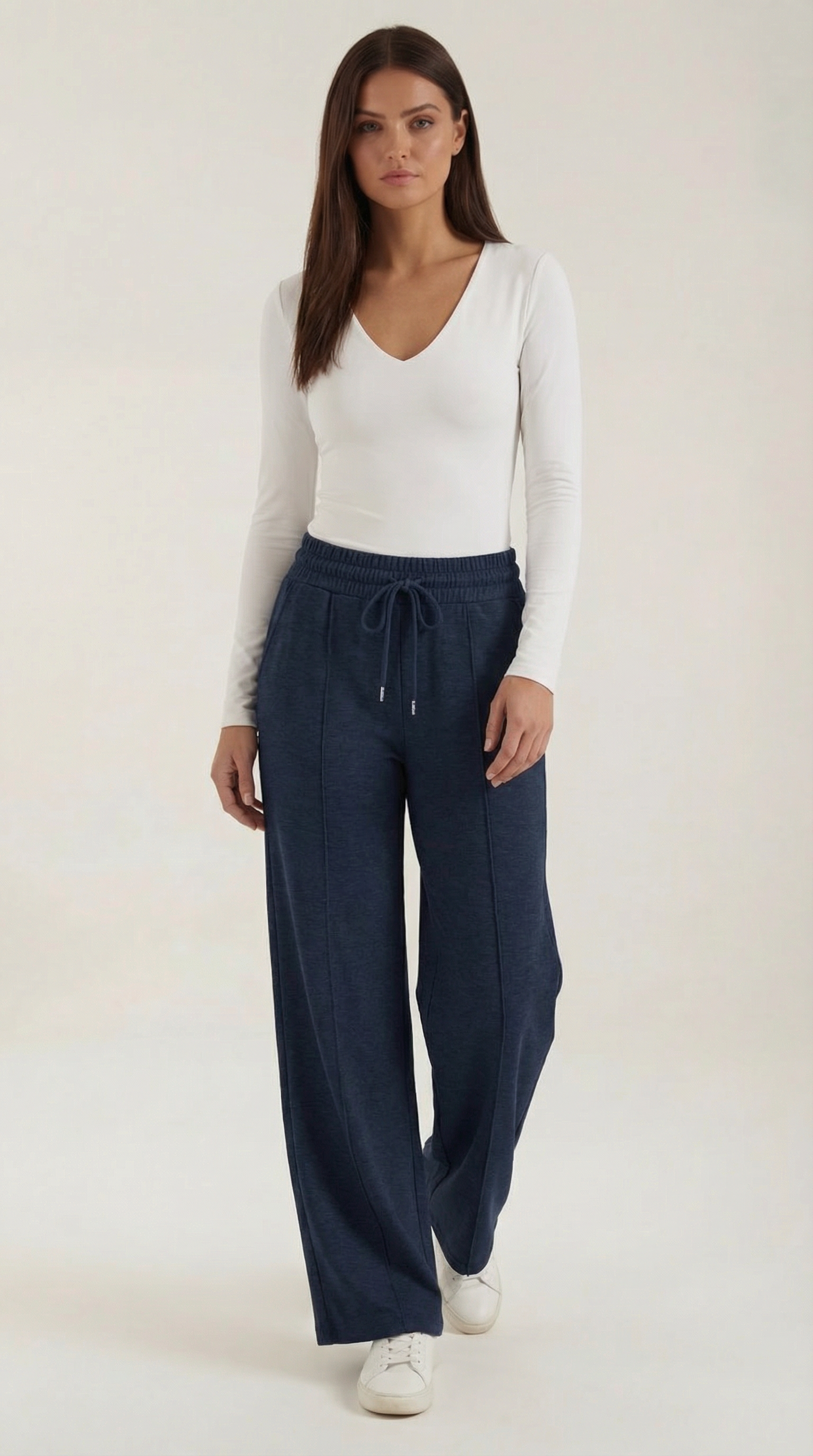 Ellie Women's Drawstring Wide Leg Casual Trousers - Navy