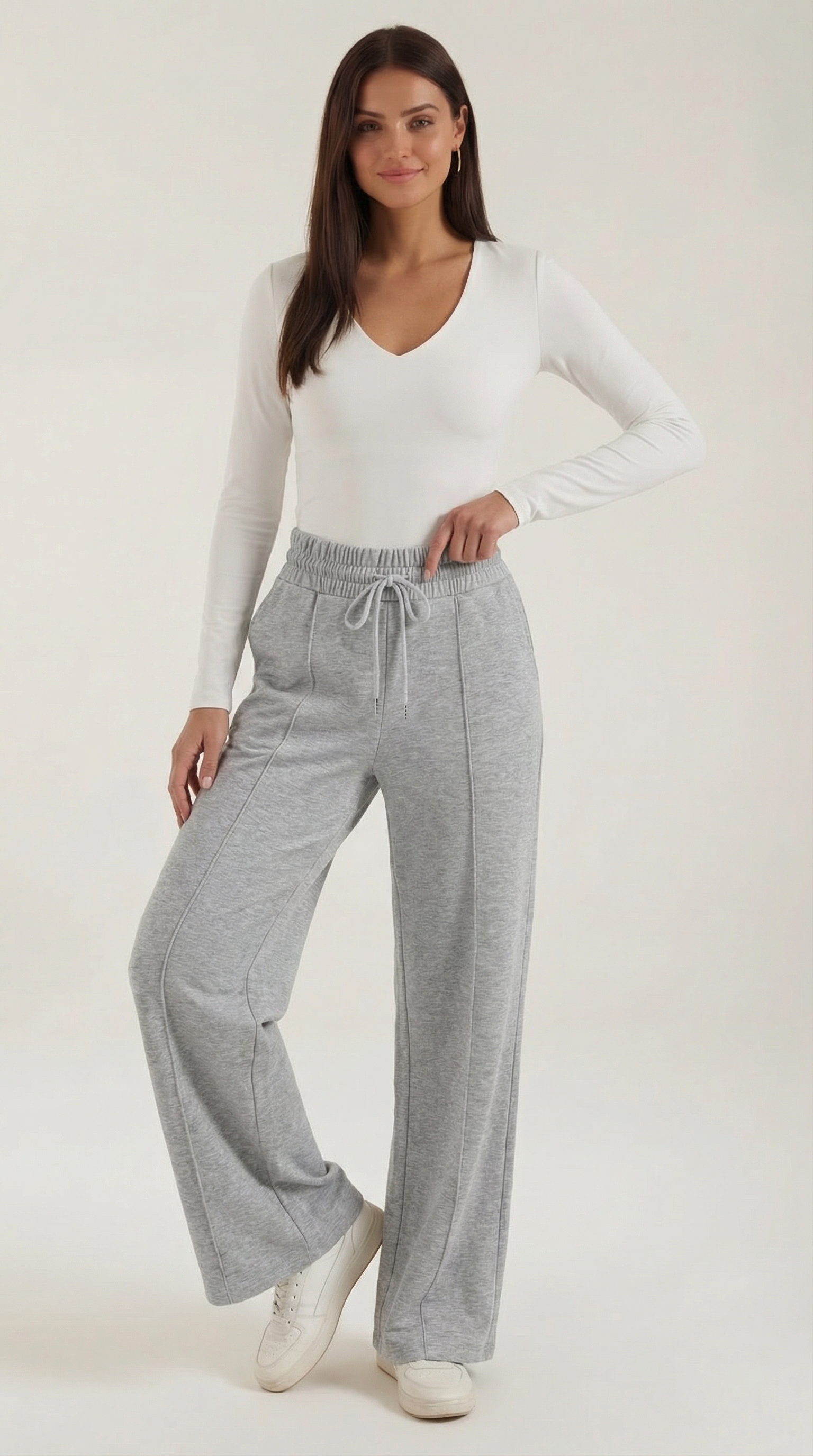 Ellie Women's Drawstring Wide Leg Casual Trousers - Light Grey