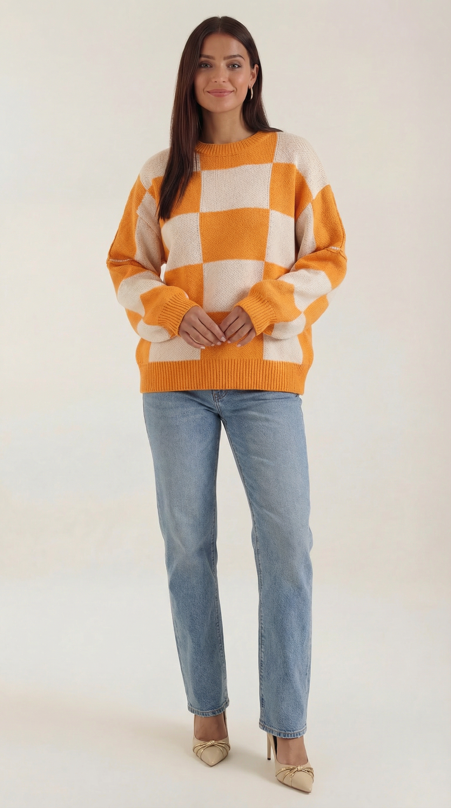 Emma Women's Oversized Checkerboard Knit Jumper - Orange
