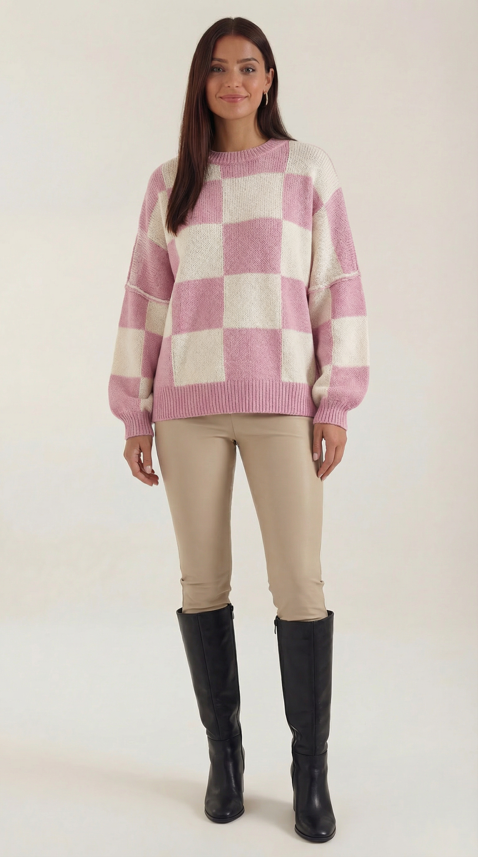 Emma Women's Oversized Checkerboard Knit Jumper - Light Pink