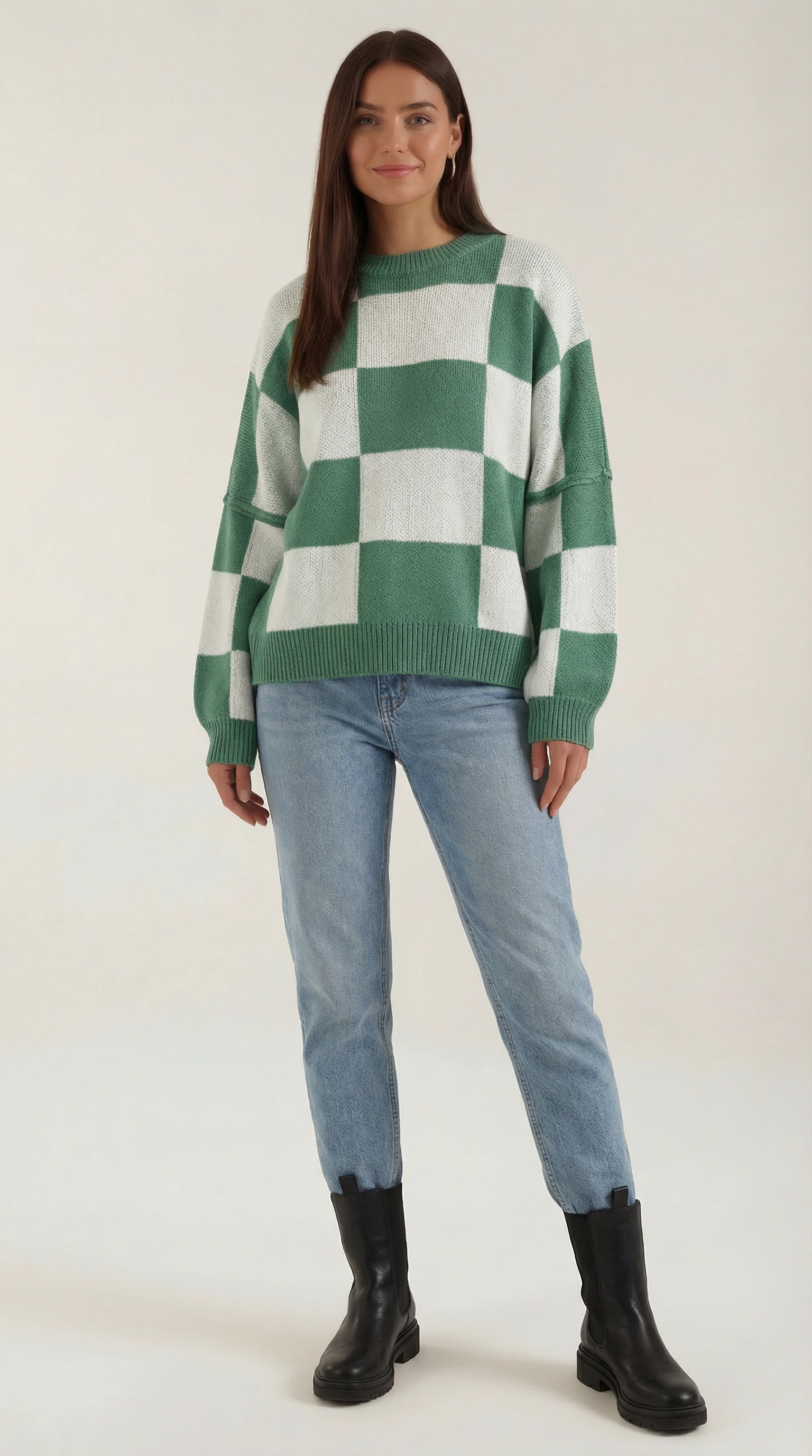 Emma Women's Oversized Checkerboard Knit Jumper - Green