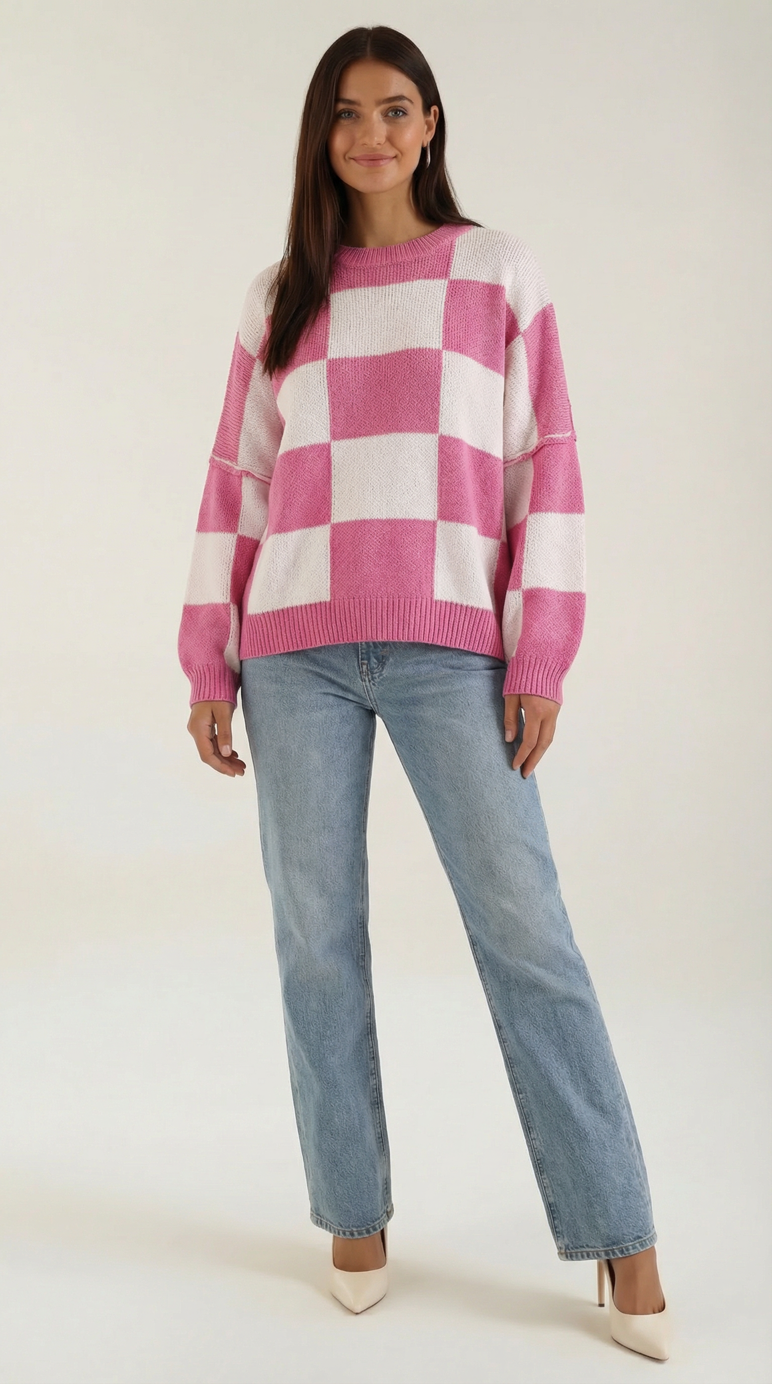 Emma Women's Oversized Checkerboard Knit Jumper - Hot Pink