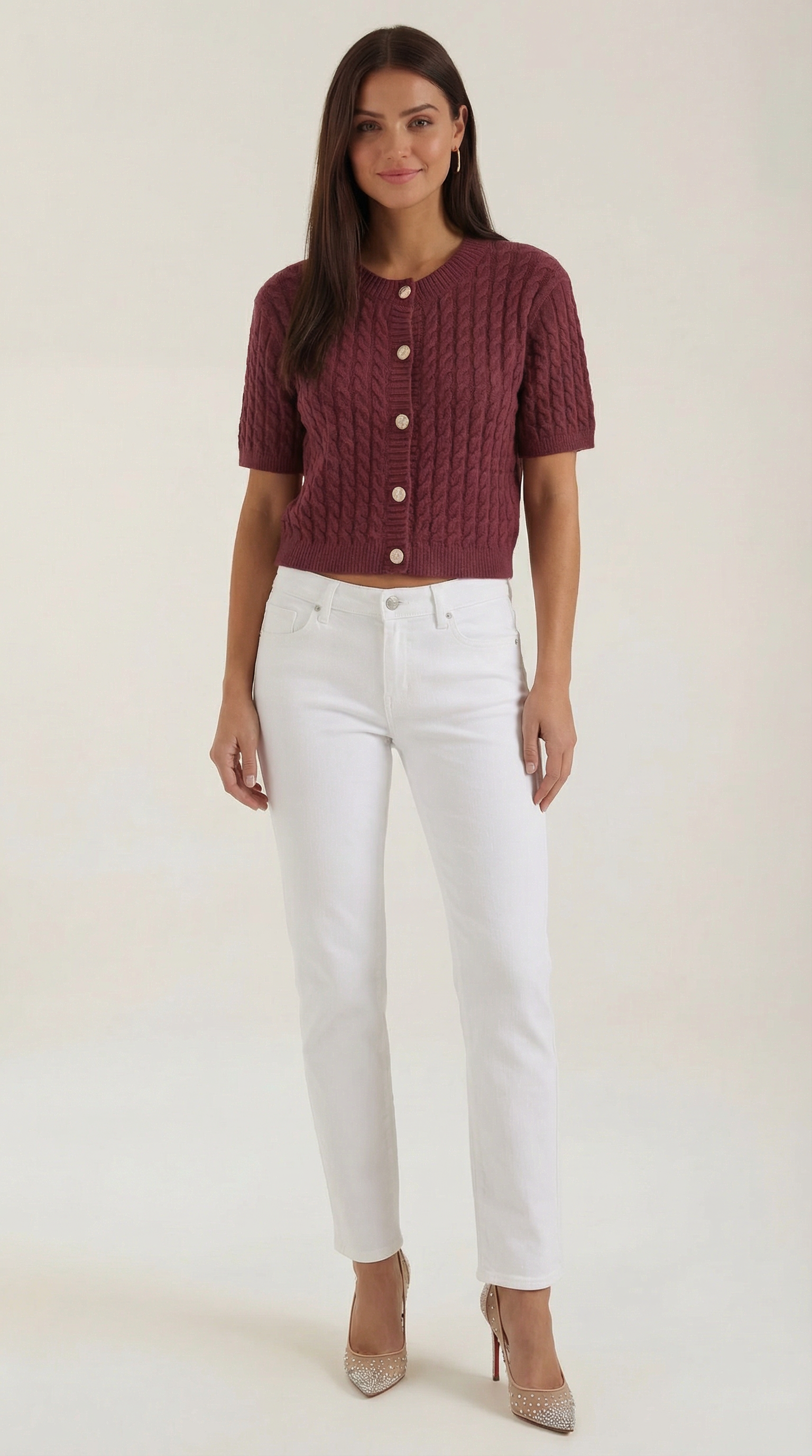 Faith Women's Cable Knit Short Sleeve Button Cardigan - Burgundy