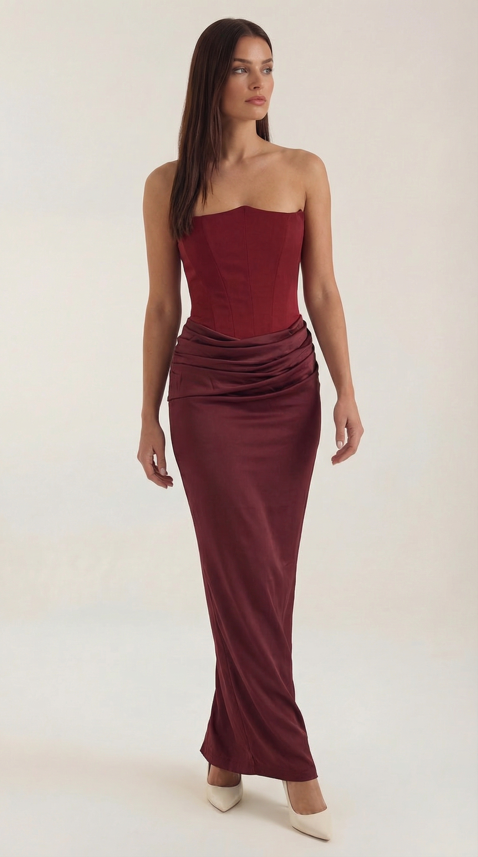 Fiorella Women's Strapless Ruched Corset Maxi Dress - Burgundy