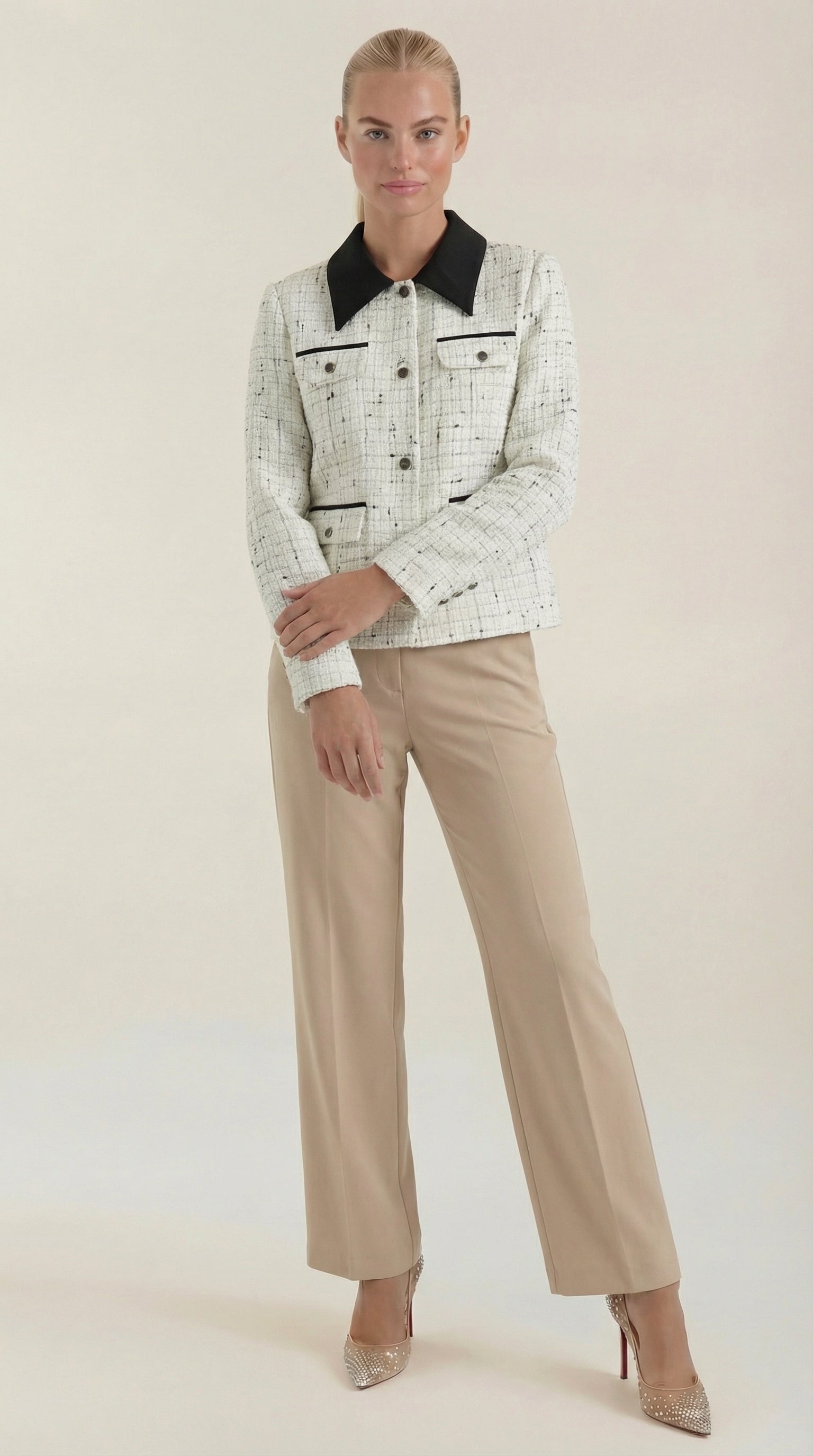 Heidi Women's Contrast Collar Button Tweed Jacket - White