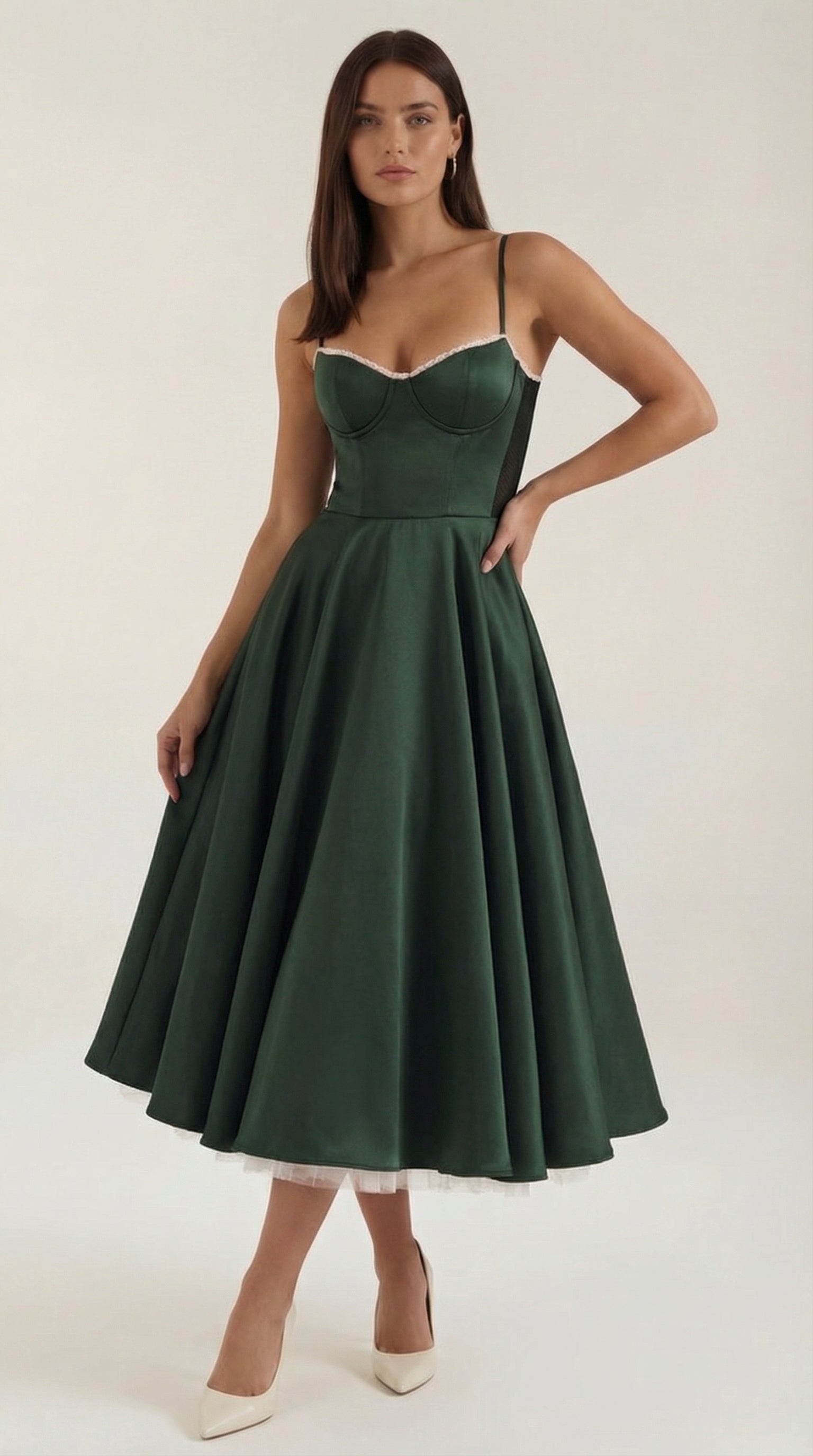 Isolde Women's Sweetheart Tulle Midi Dress with Pockets - Dark Green