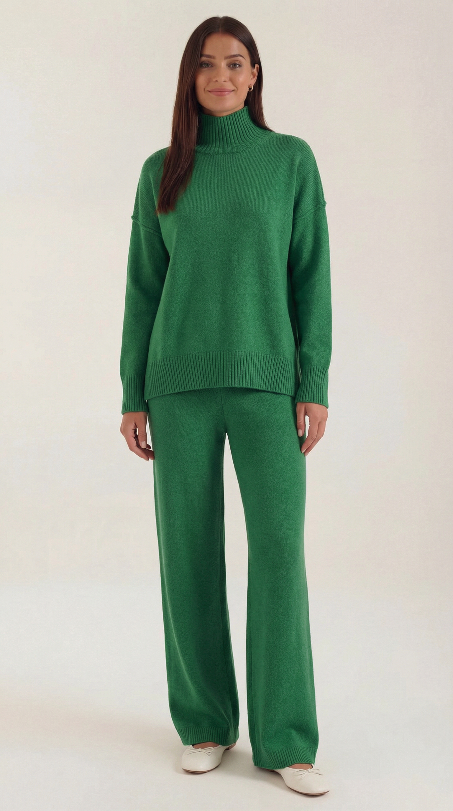 Jean Women's Knit Turtleneck Jumper and Trousers Set - Green