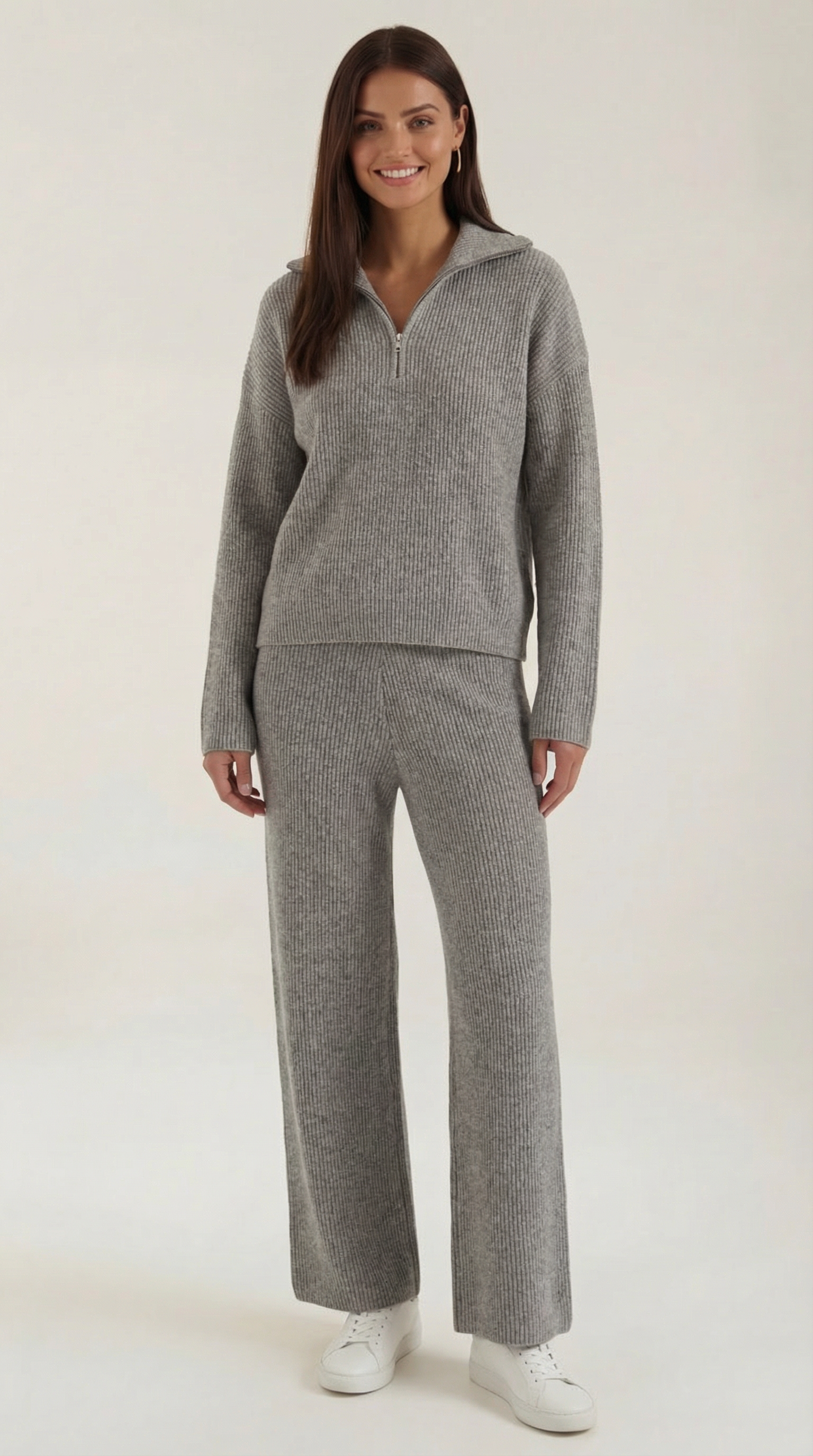 Joan Women's Half Zip Ribbed Knit Wide Leg Lounge Set - Khaki