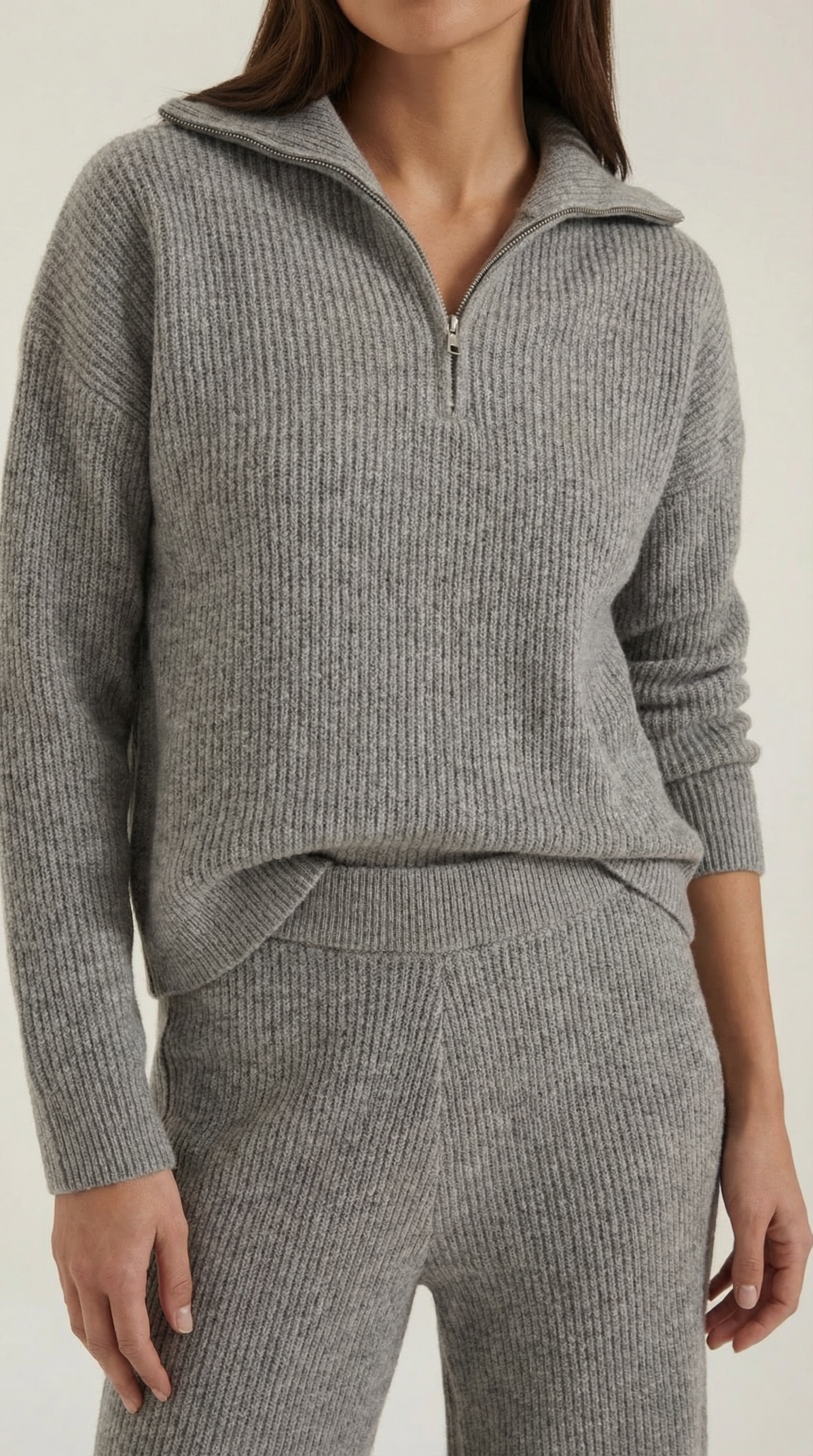 Joan Women's Half Zip Ribbed Knit Wide Leg Lounge Set