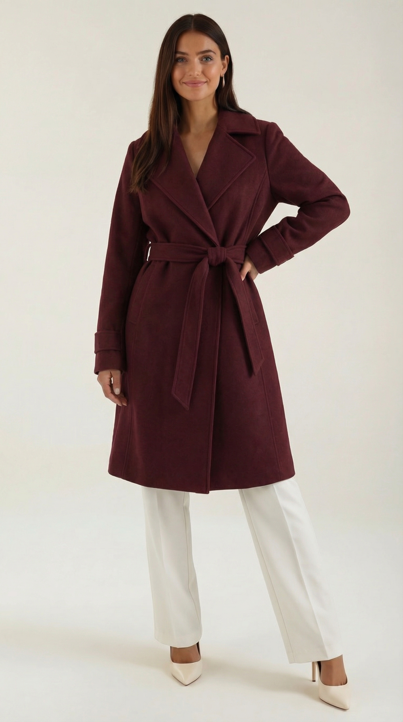 Joyce Women's Belted Wool-Look Longline Wrap Coat - Burgundy