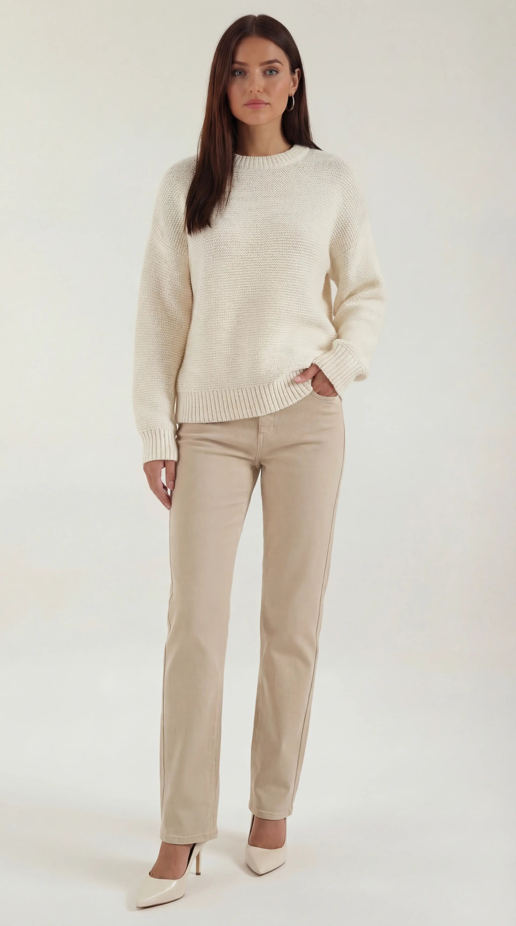 Julia Women's Crew Neck Knit Jumper with Ribbed Trims - Cream