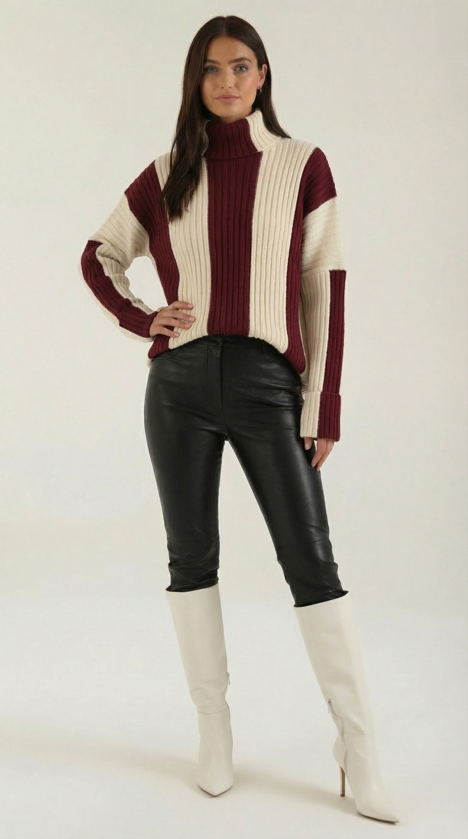 June Women's Oversized Stripe Roll Neck Jumper - Burgundy