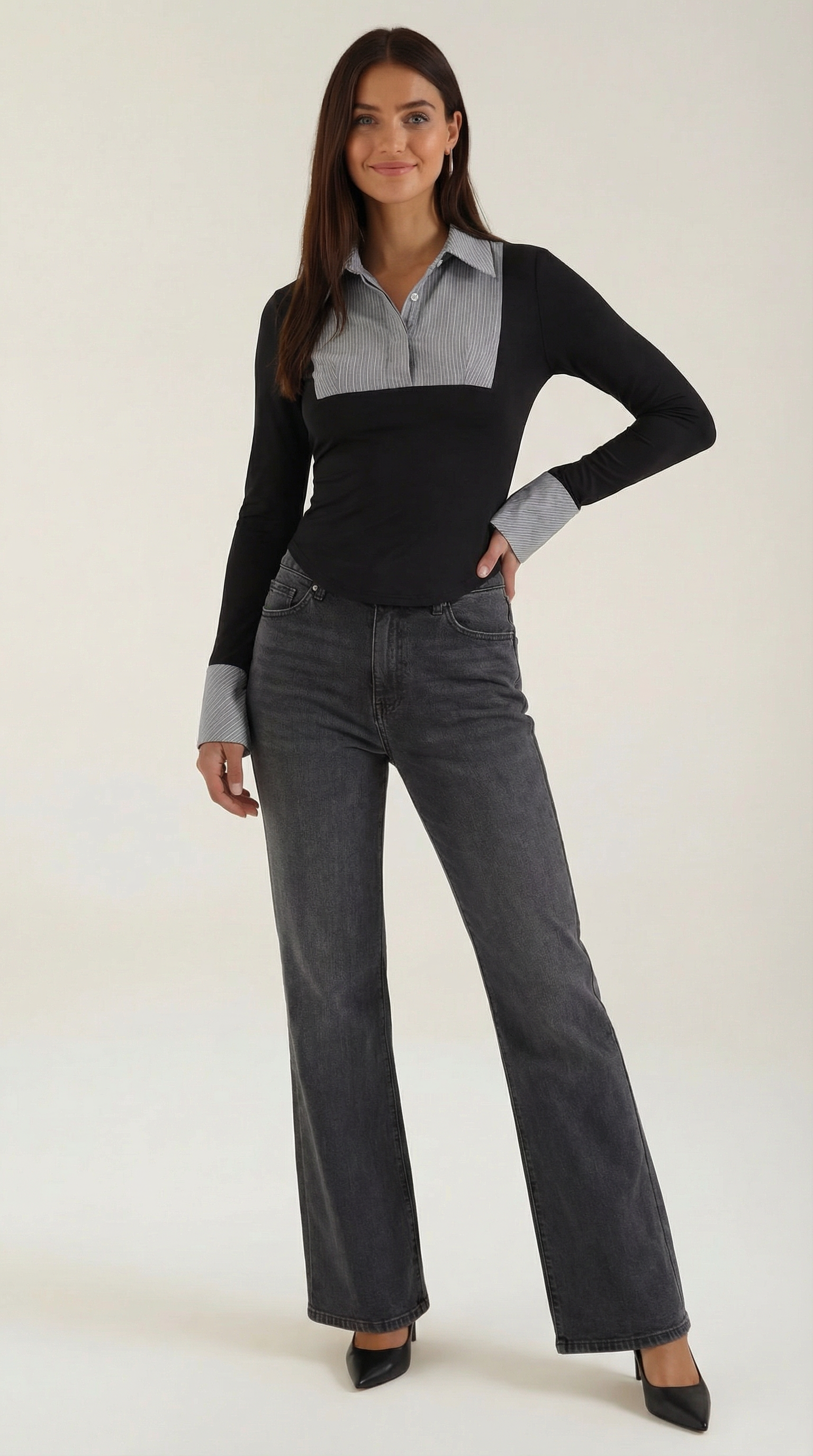 Kalliope Women's Pleated Bib Collared Long Sleeve Top - Black