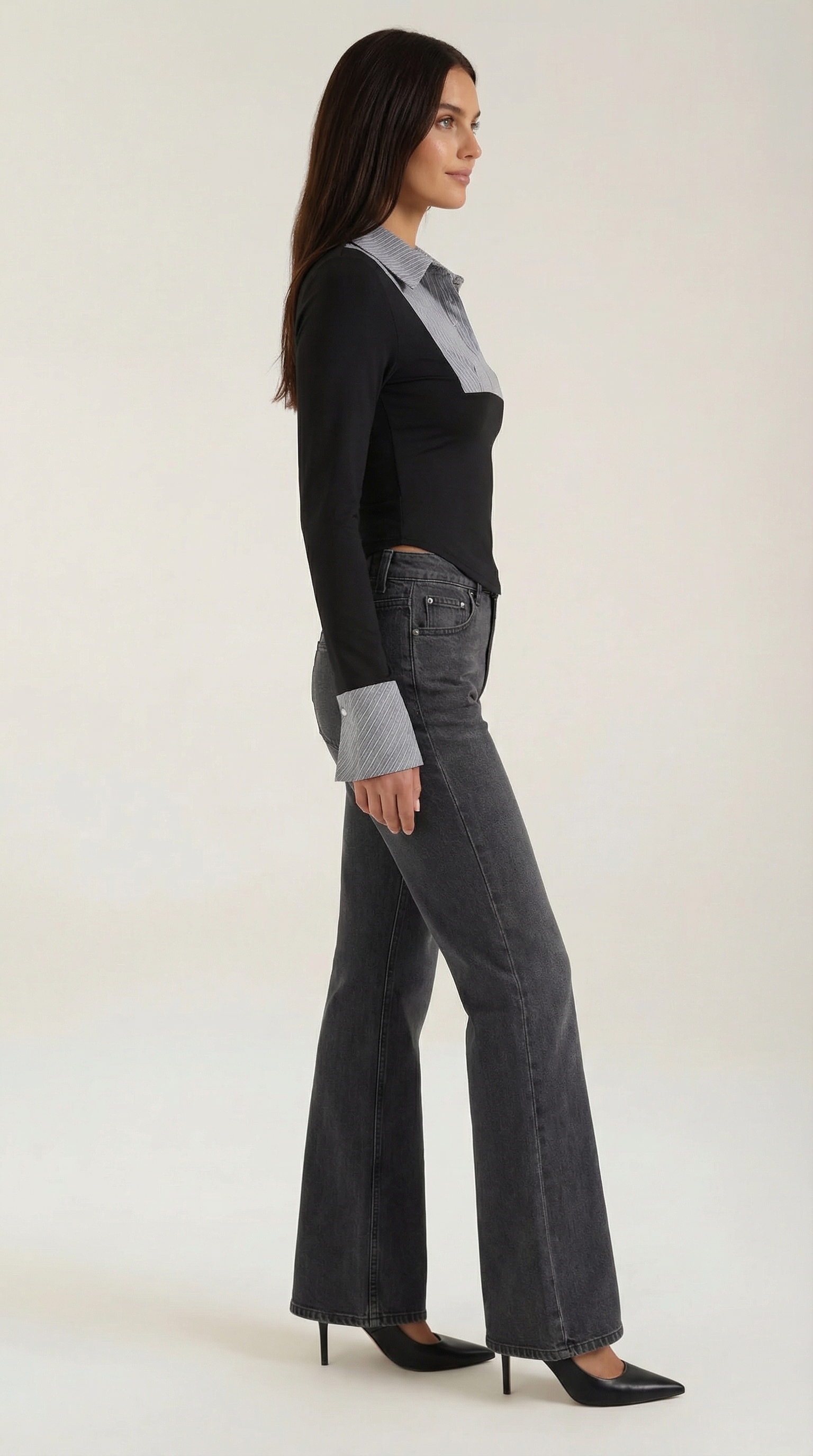 Kalliope Women's Pleated Bib Collared Long Sleeve Top