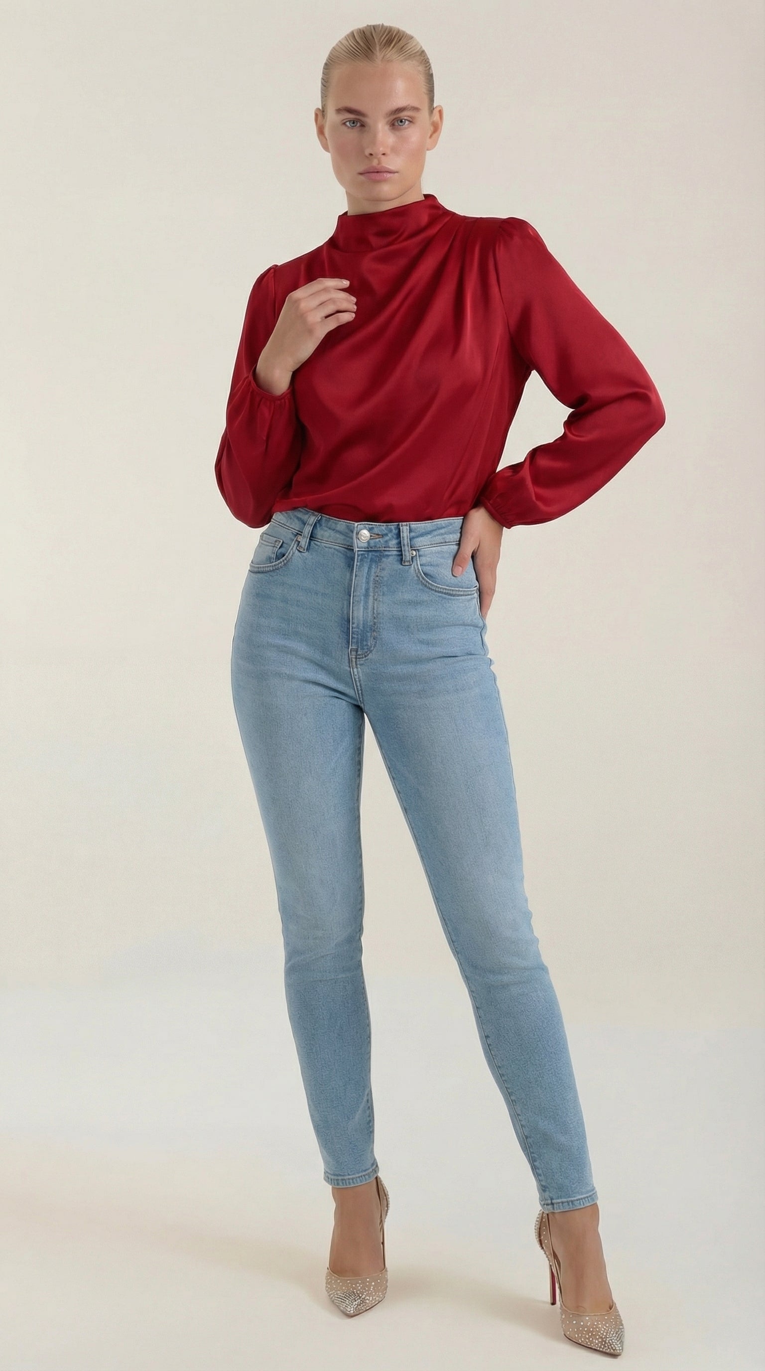 Marcia Women's Draped Relaxed Long Sleeve Blouse - Red