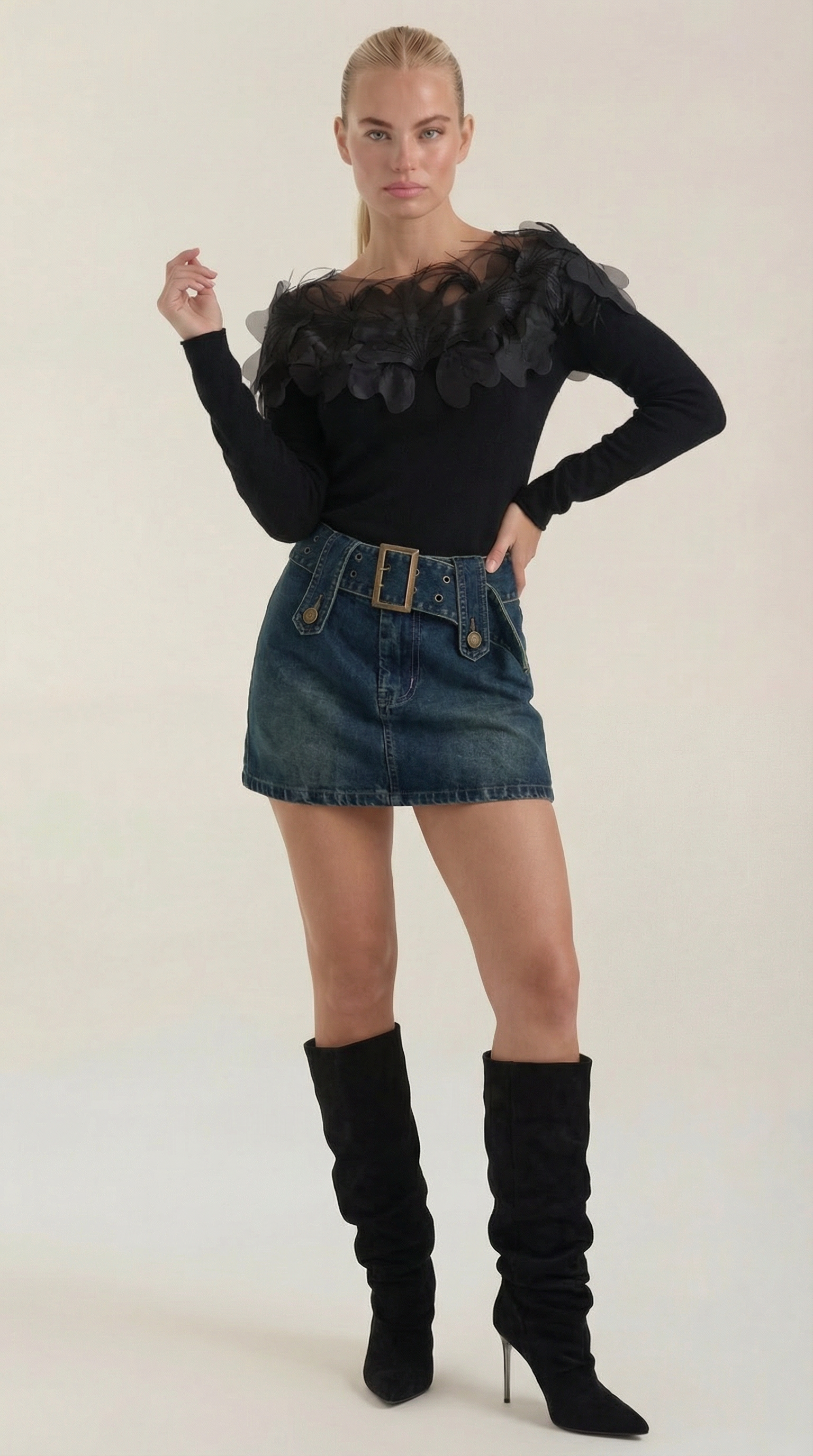 Marguerite Women's Feather-Trim Knitted Jumper - Black
