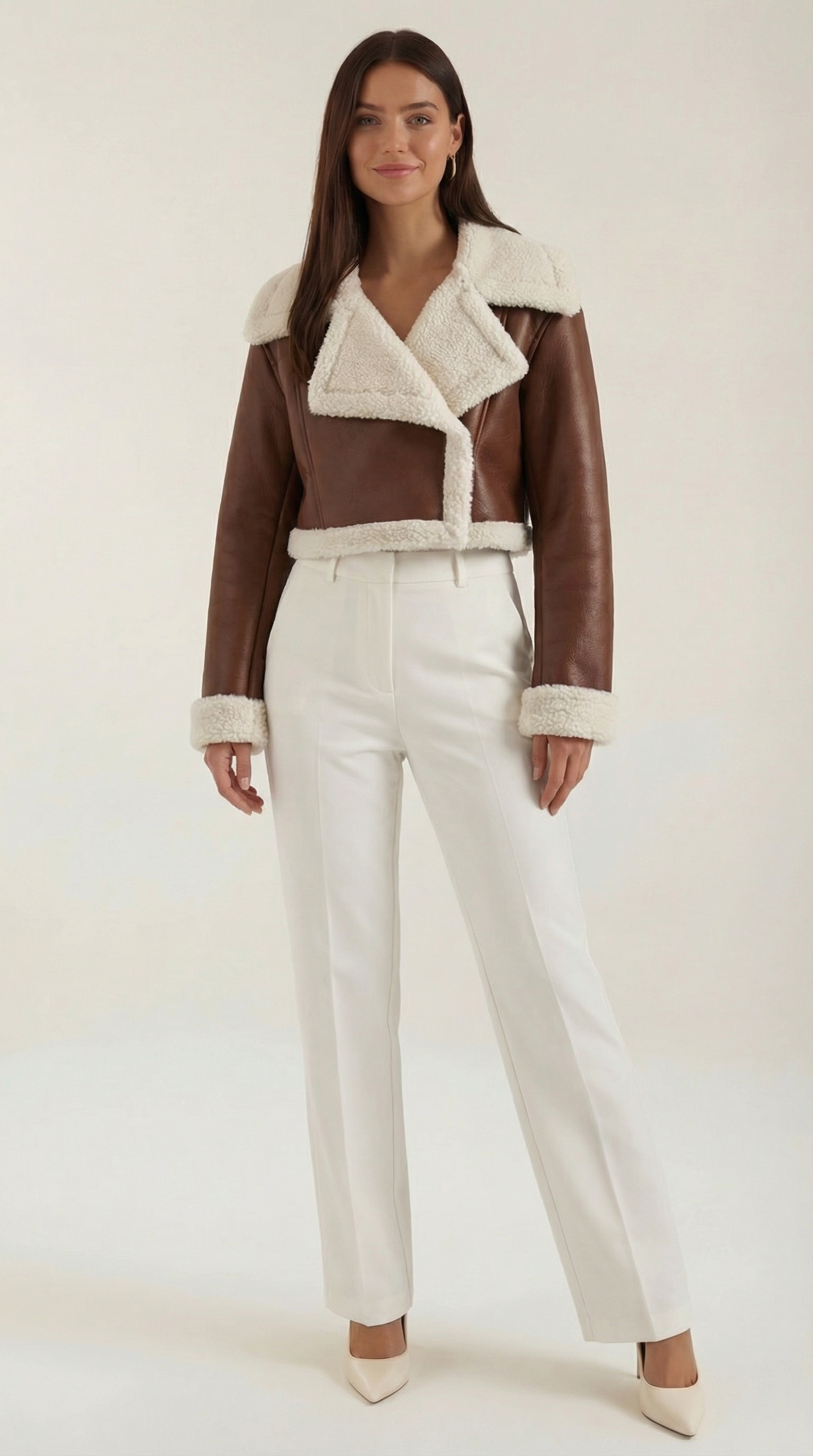 Marie Women's Cropped Faux Shearling Trim Aviator Jacket - Brown