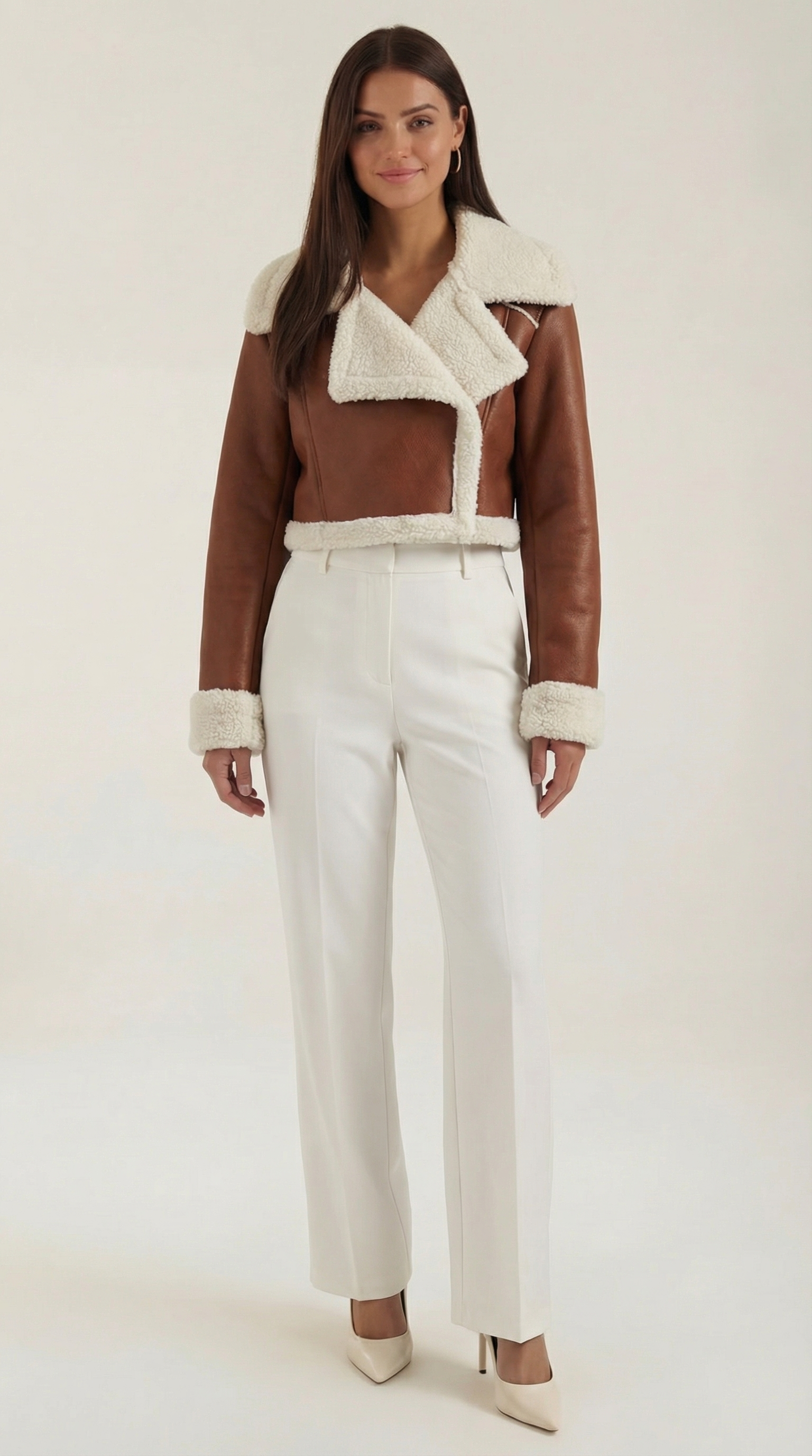 Marie Women's Cropped Faux Shearling Trim Aviator Jacket - Caramel