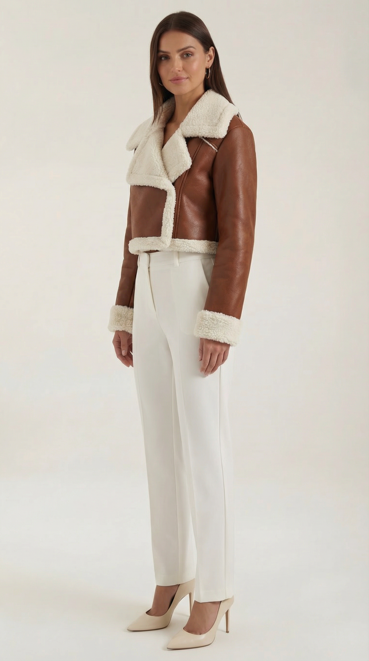Marie Women's Cropped Faux Shearling Trim Aviator Jacket