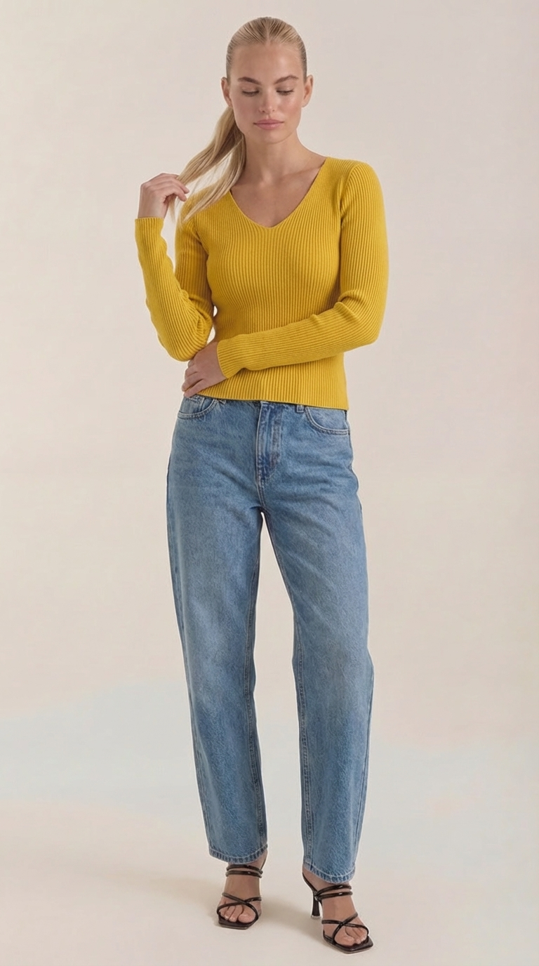 Michelle Women's Soft Ribbed V-Neck Knit Jumper - Yellow