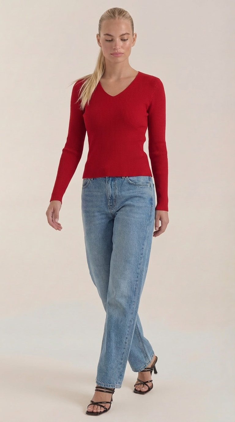 Michelle Women's Soft Ribbed V-Neck Knit Jumper - Red