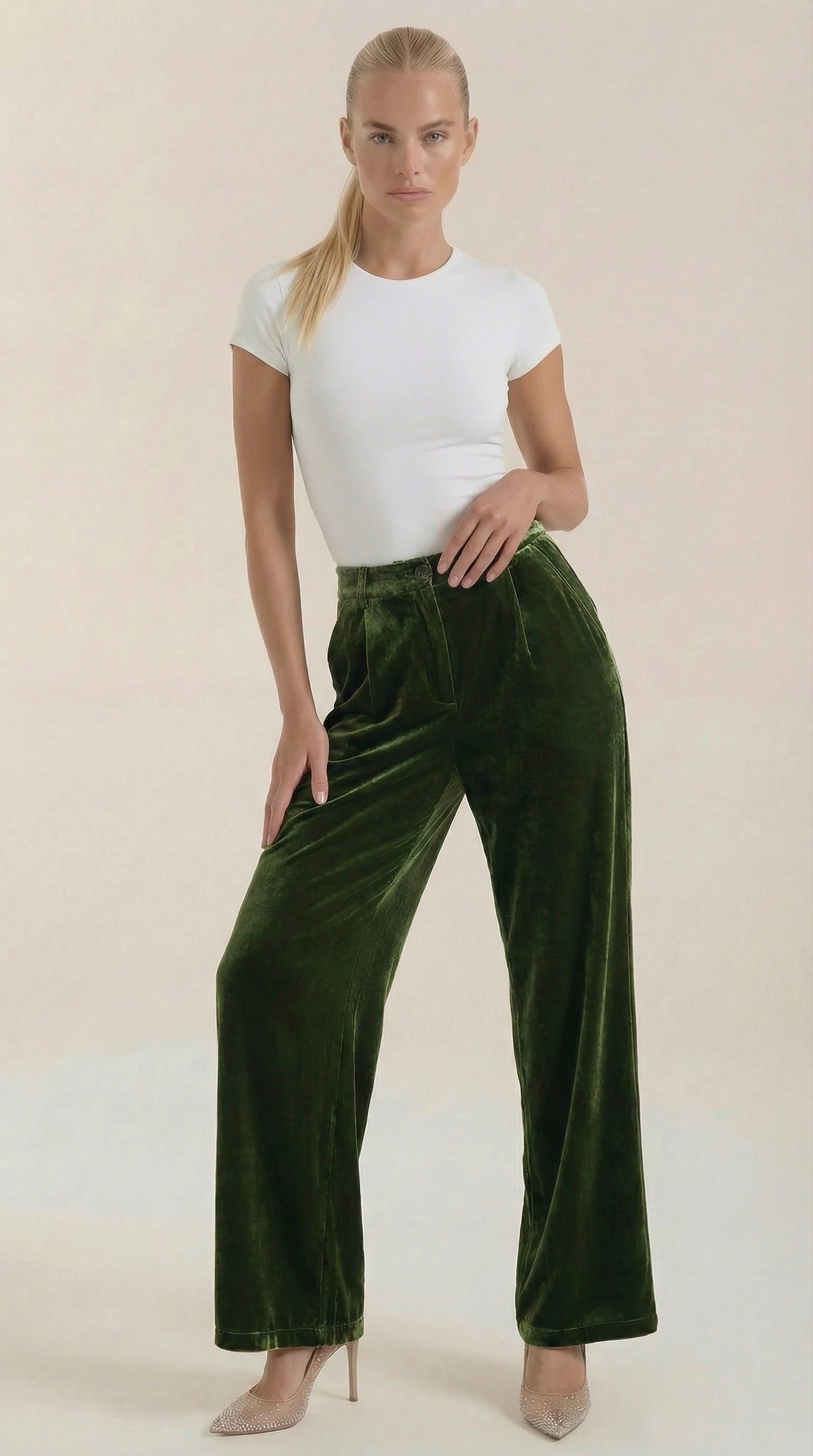 Nadine Women's High Waist Velvet Wide Leg Trousers - Green