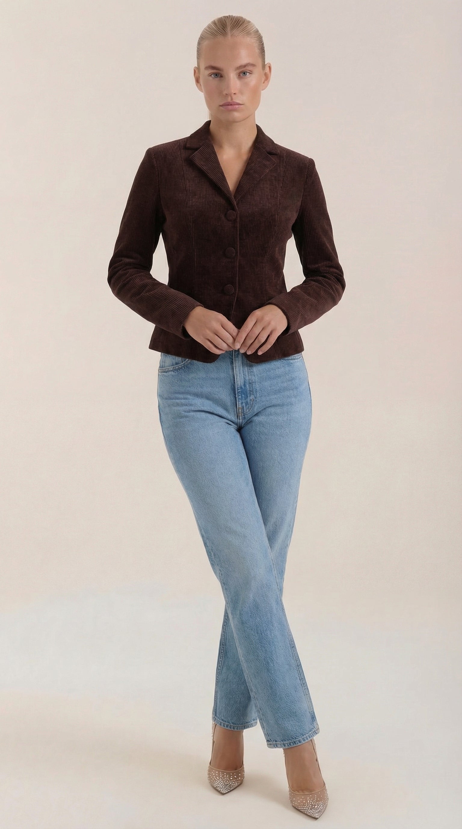 Natasha Women's Tailored Velvet Button Jacket - Coffee