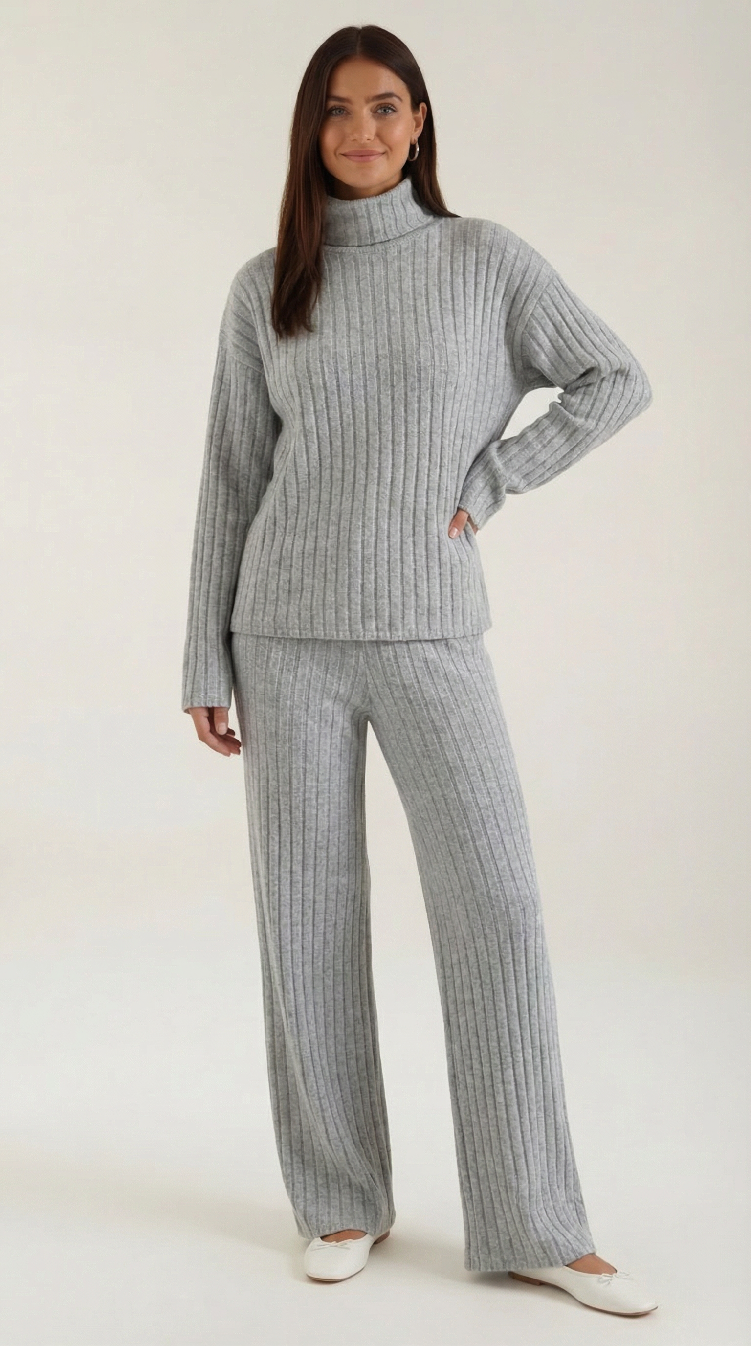 Nicole Women's Ribbed Knit Top and Trouser Lounge Set - Grey