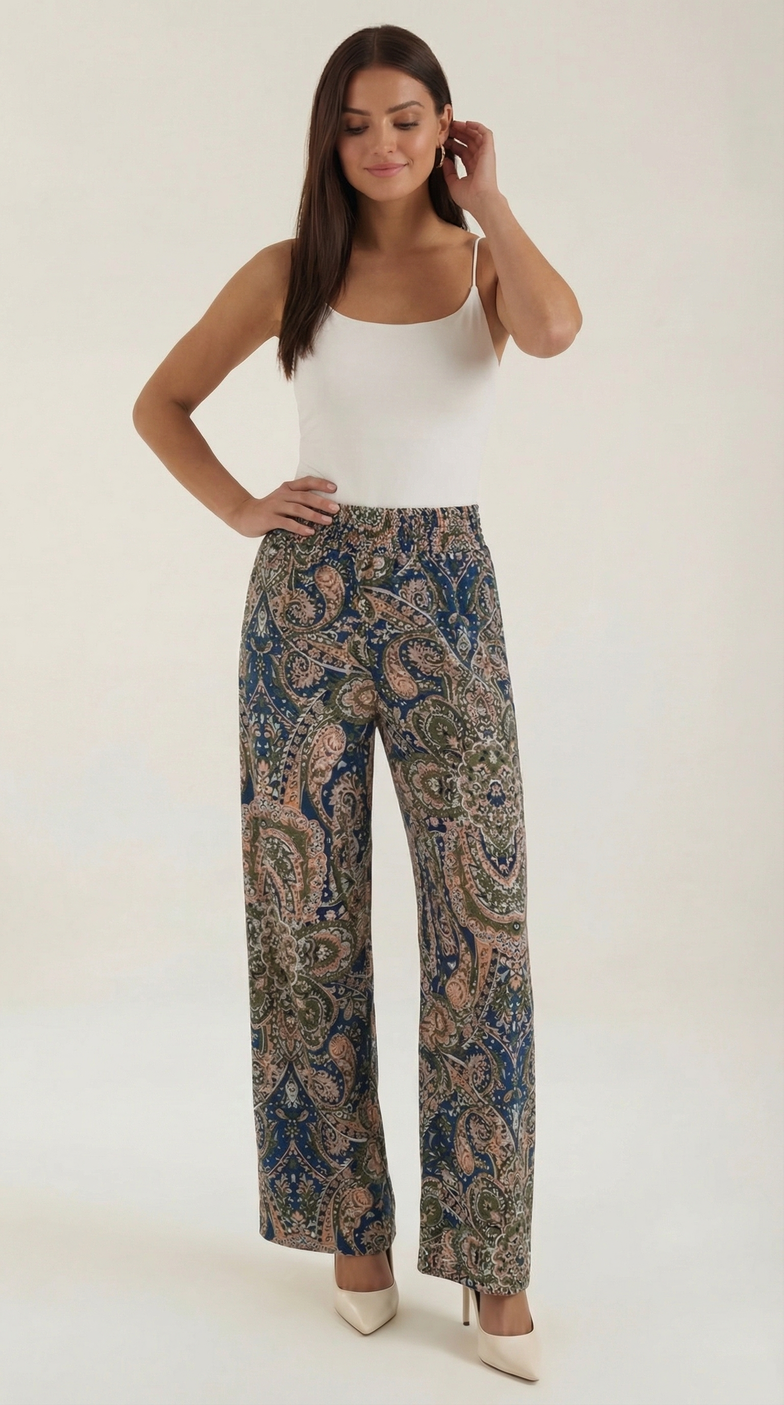 Pam Women's Flowy Wide Leg Paisley Print Trousers - Blue