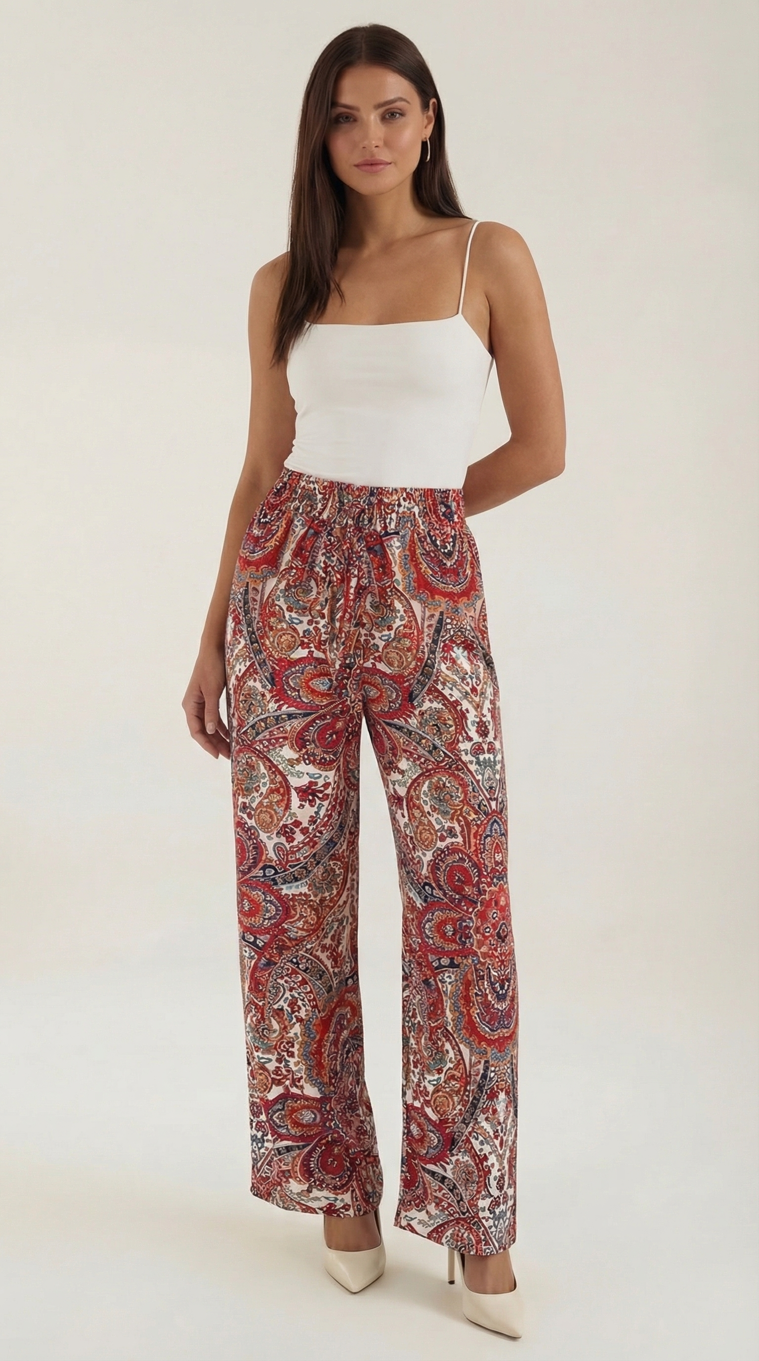 Pam Women's Flowy Wide Leg Paisley Print Trousers - Red
