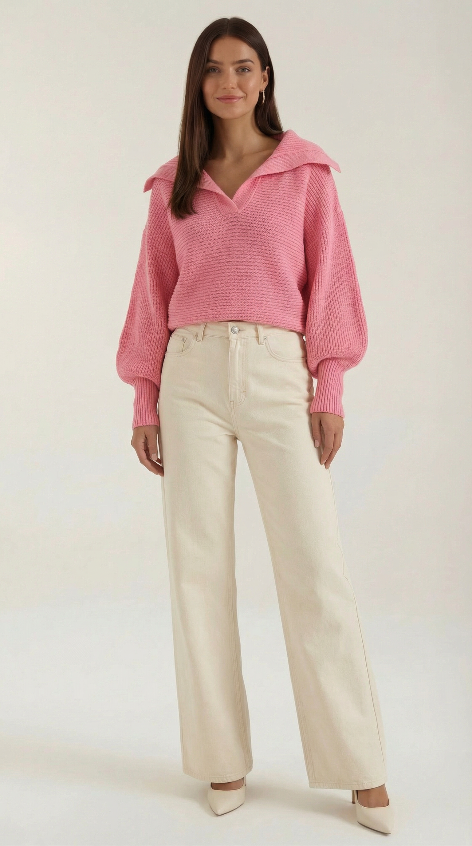 Pauline Women's Ribbed Collared Chunky Knit Jumper - Pink