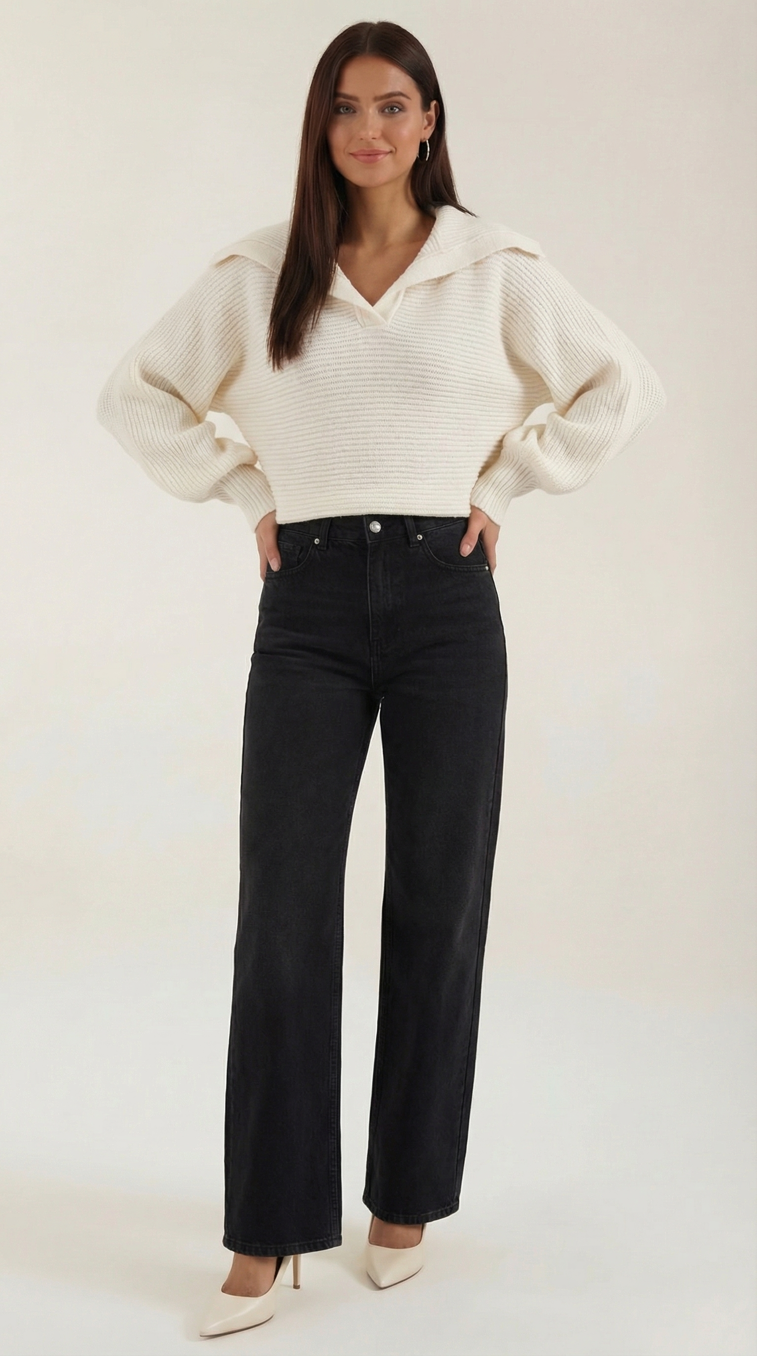 Pauline Women's Ribbed Collared Chunky Knit Jumper - White
