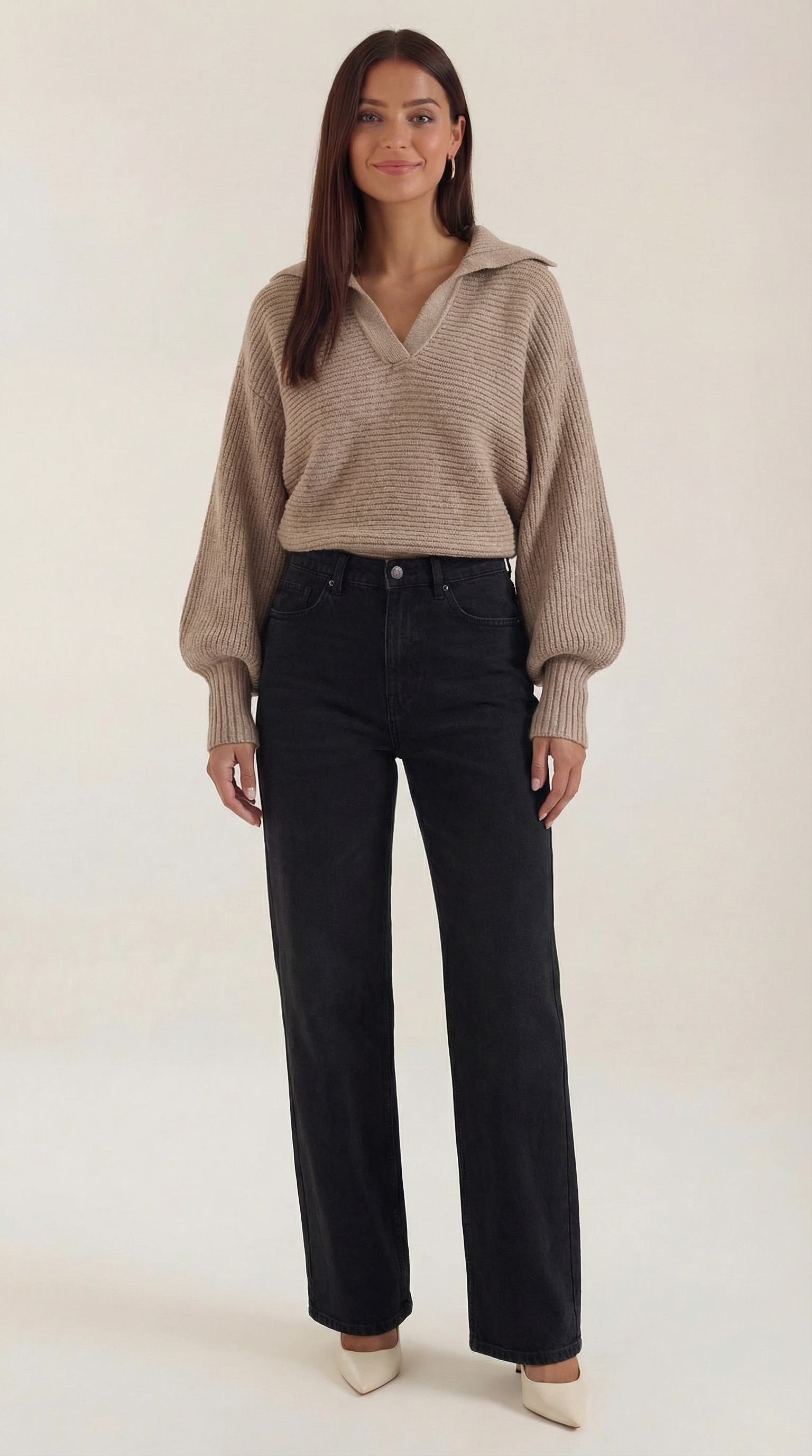 Pauline Women's Ribbed Collared Chunky Knit Jumper - Khaki