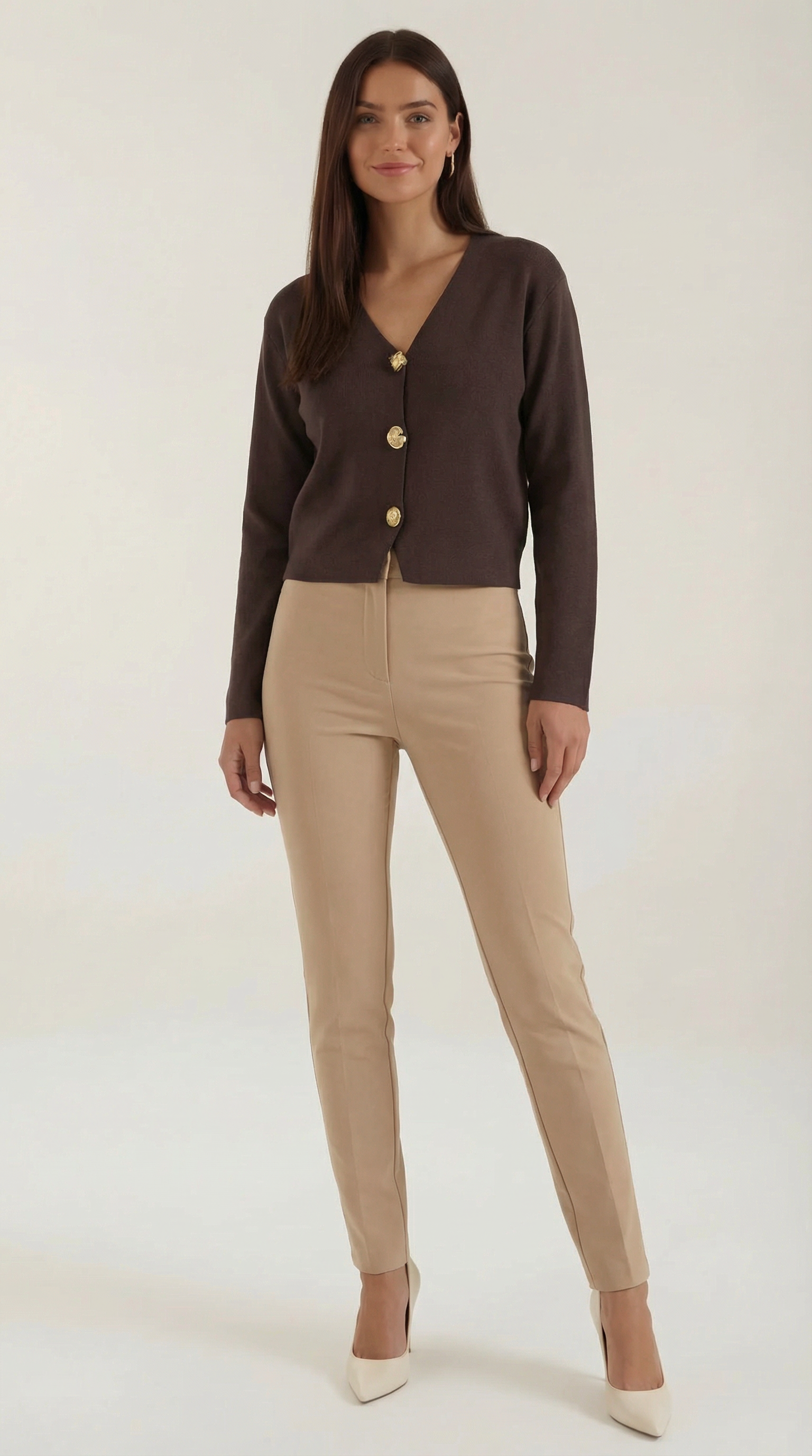 Phyllis Women's Cropped V-Neck Gold Button Knit Cardigan - Brown