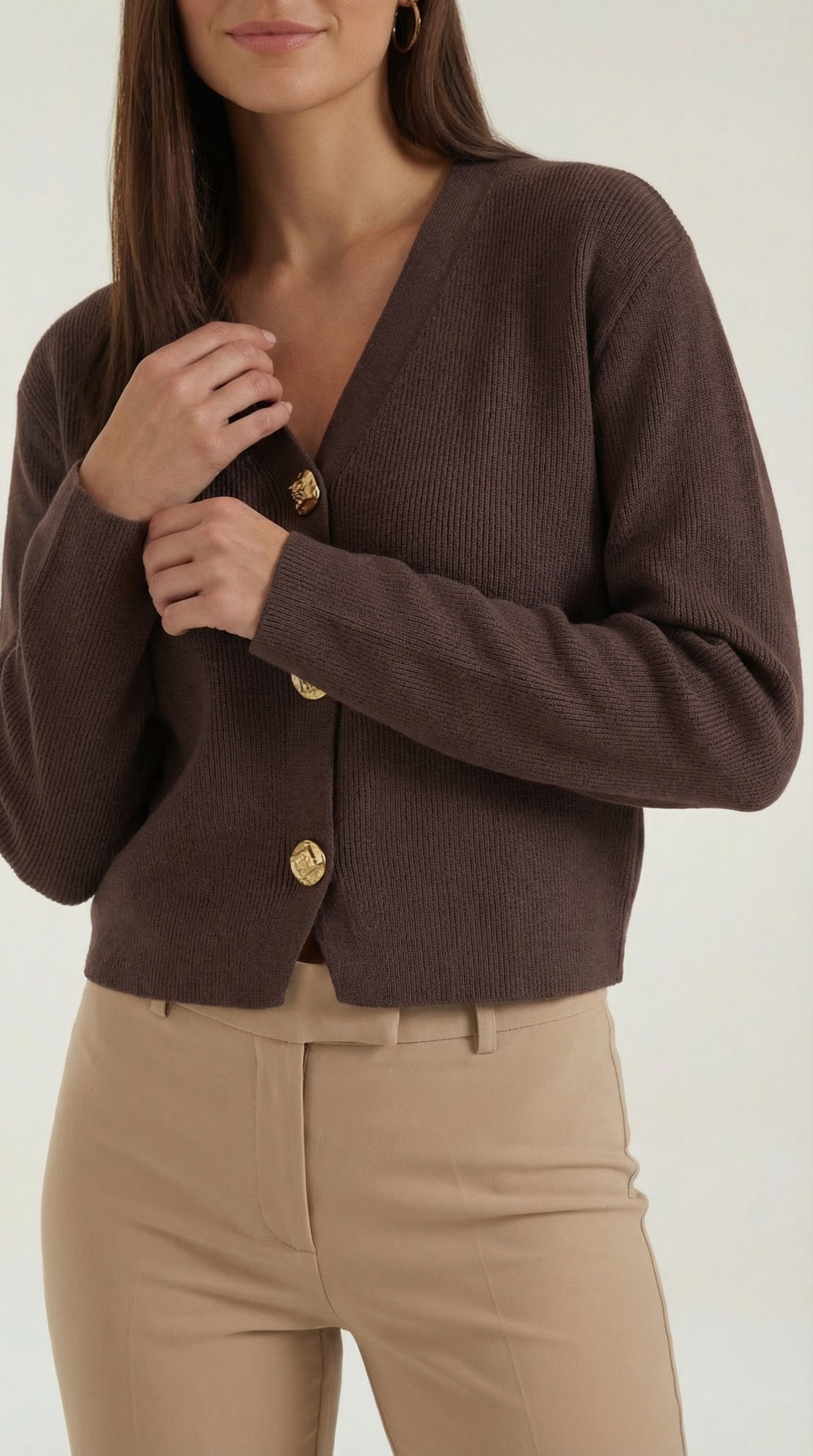 Phyllis Women's Cropped V-Neck Gold Button Knit Cardigan