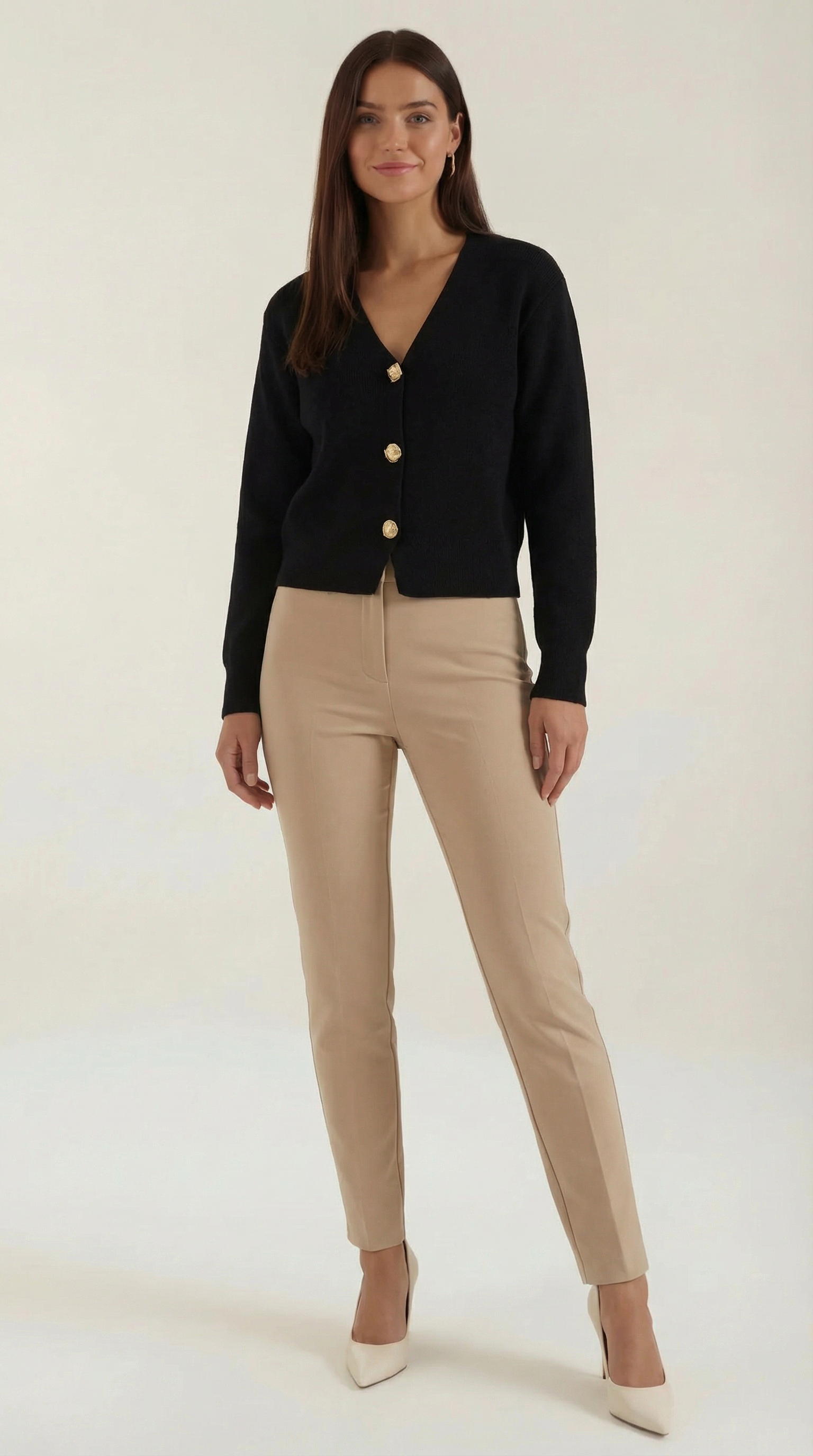 Phyllis Women's Cropped V-Neck Gold Button Knit Cardigan - Black