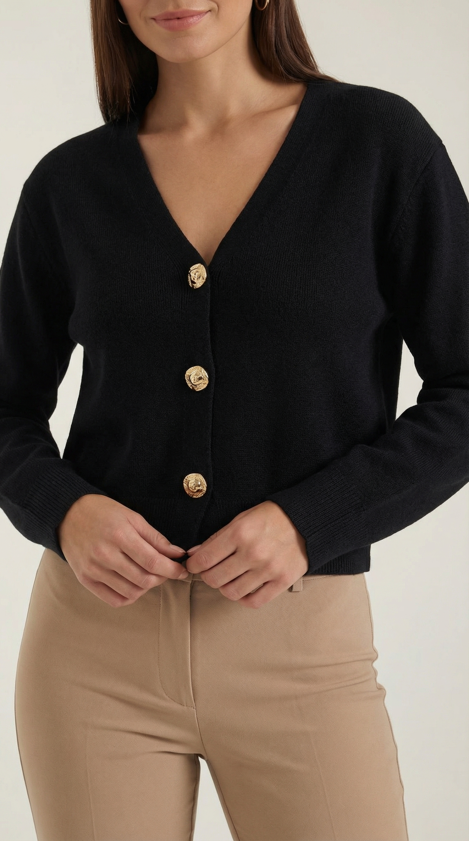 Phyllis Women's Cropped V-Neck Gold Button Knit Cardigan