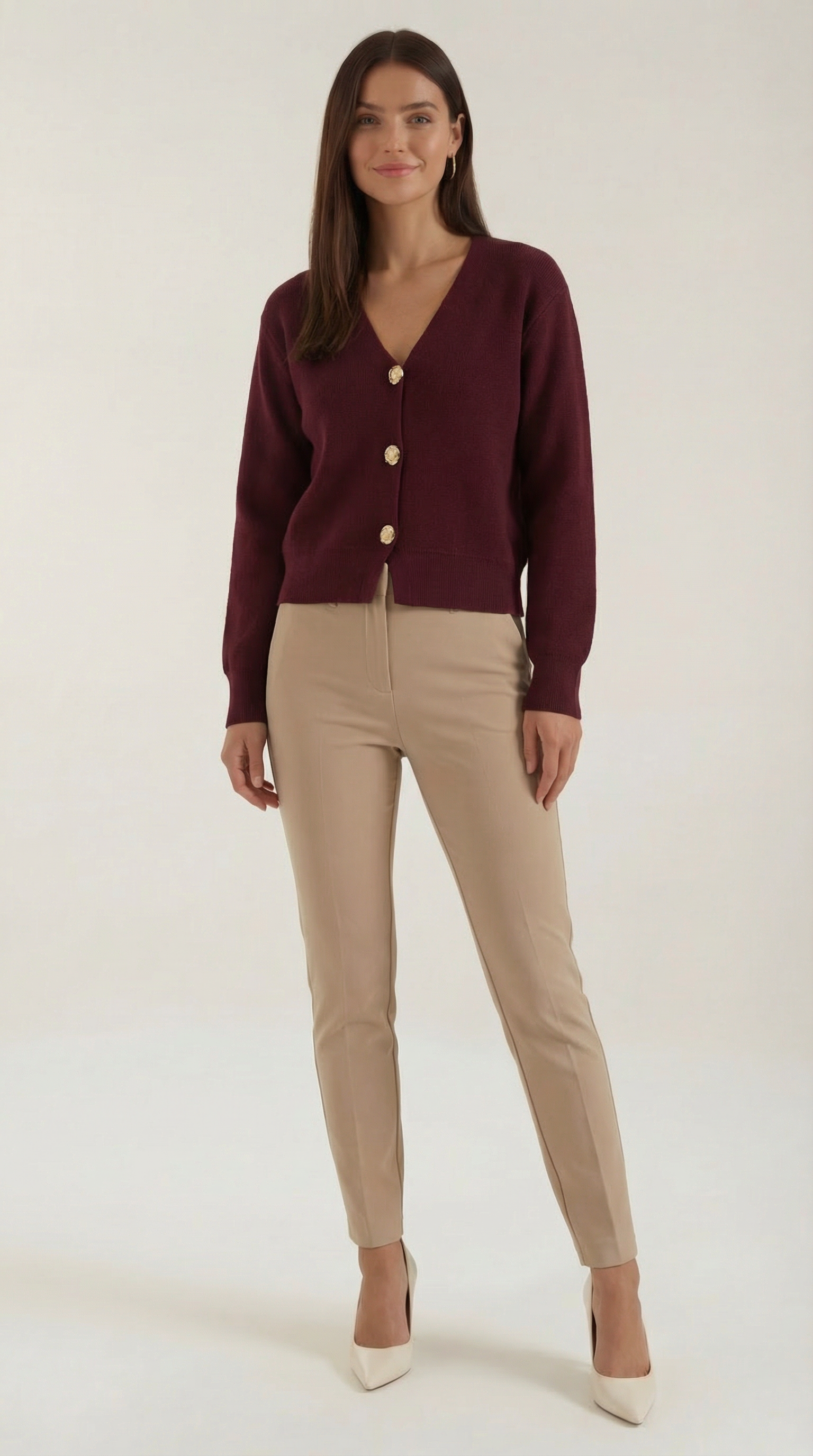 Phyllis Women's Cropped V-Neck Gold Button Knit Cardigan - Burgundy
