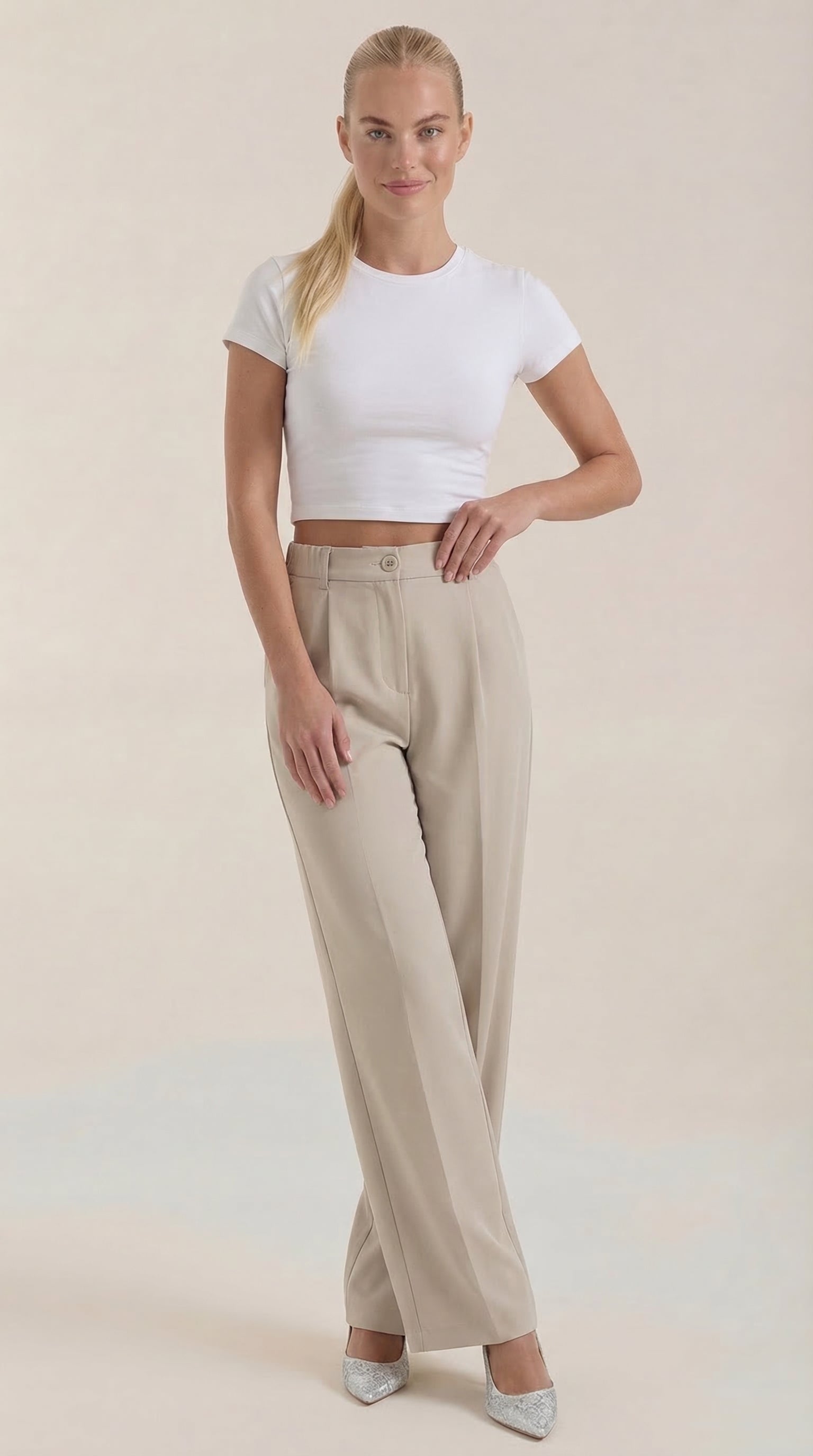 Rebecca Women's High Waist Wide-Leg Office Trousers - Beige
