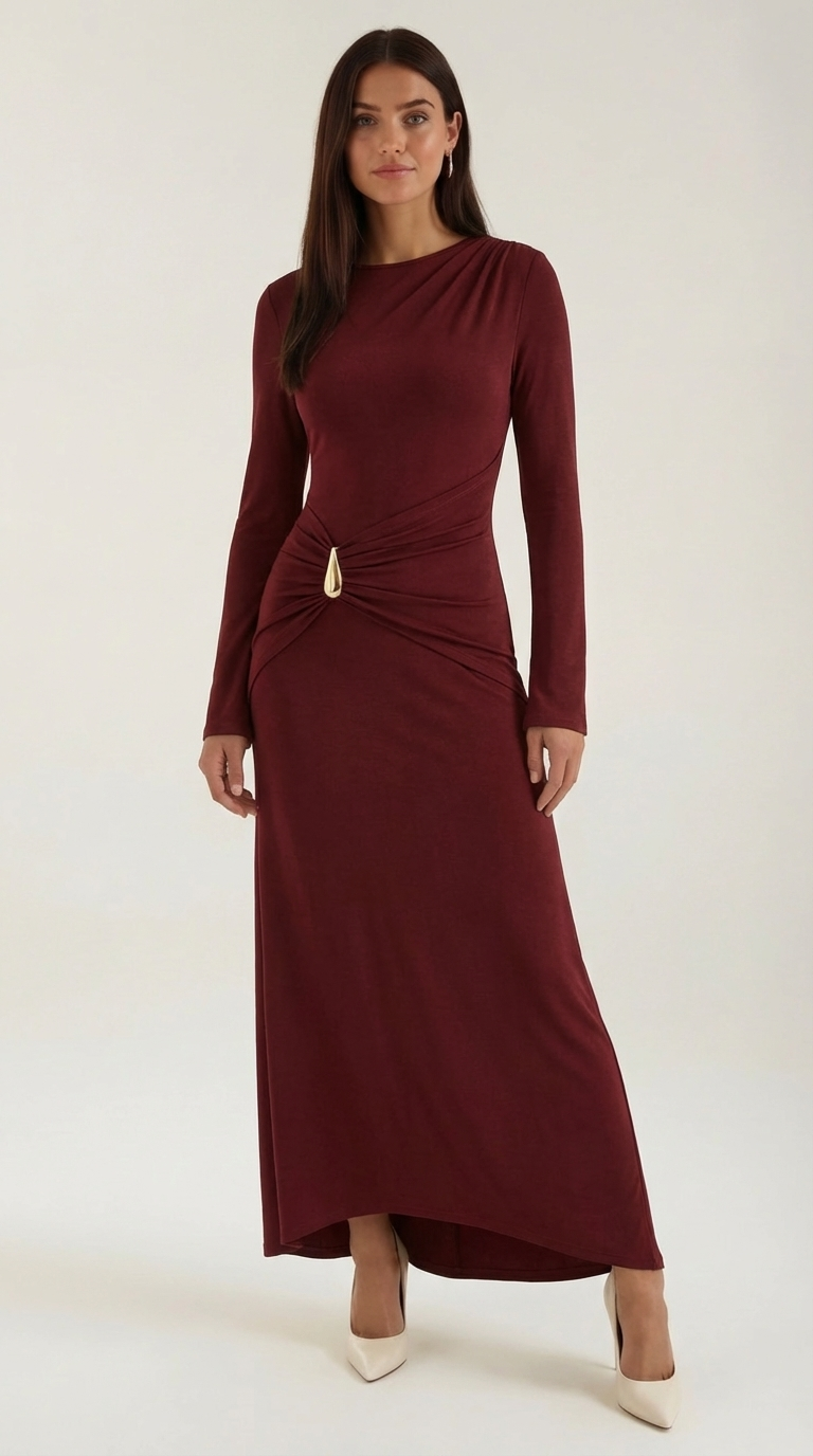Renee Women's Ruched Waist Long Sleeve Maxi Dress - Burgundy