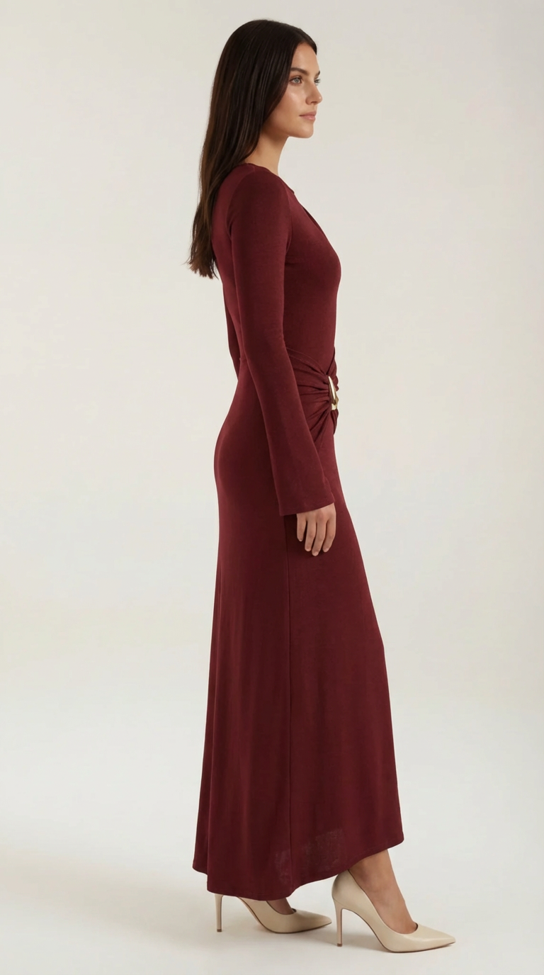 Renee Women's Ruched Waist Long Sleeve Maxi Dress