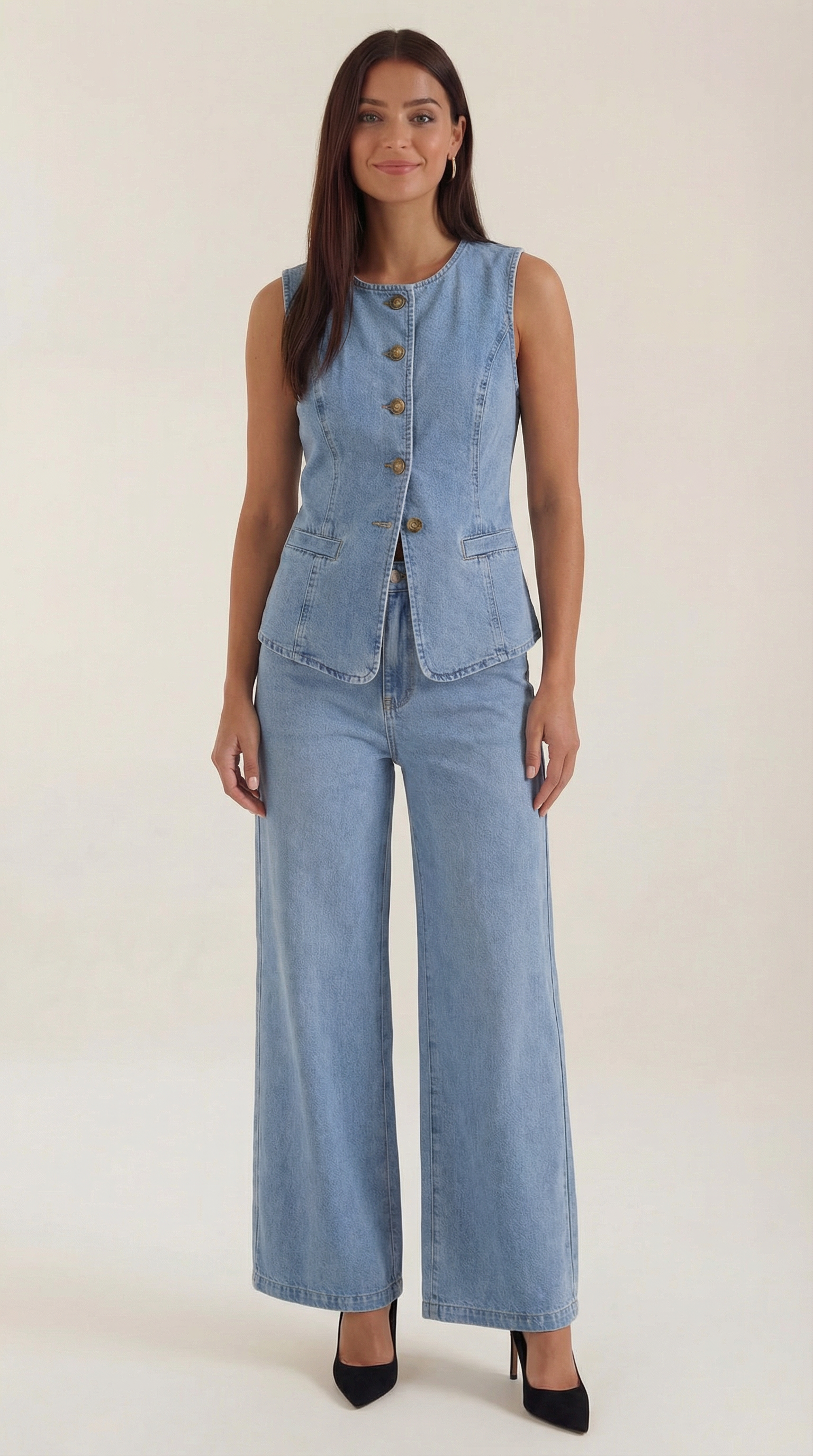 Rhonda Women's Denim Waistcoat and Wide Leg Trouser Set - Blue