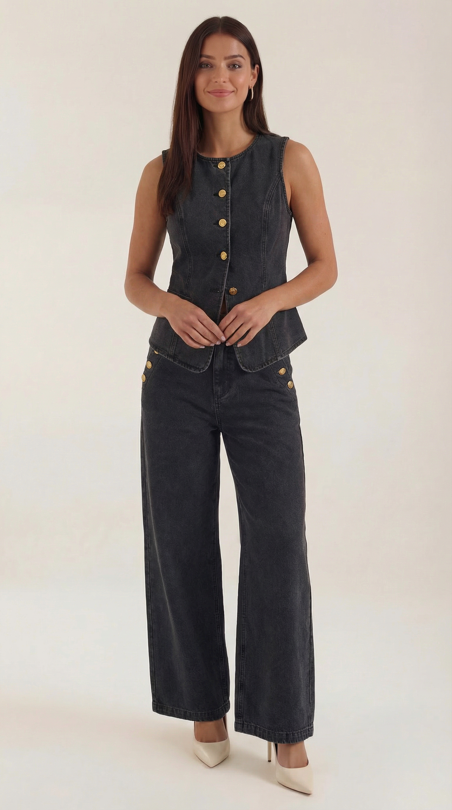 Rhonda Women's Denim Waistcoat and Wide Leg Trouser Set - Black