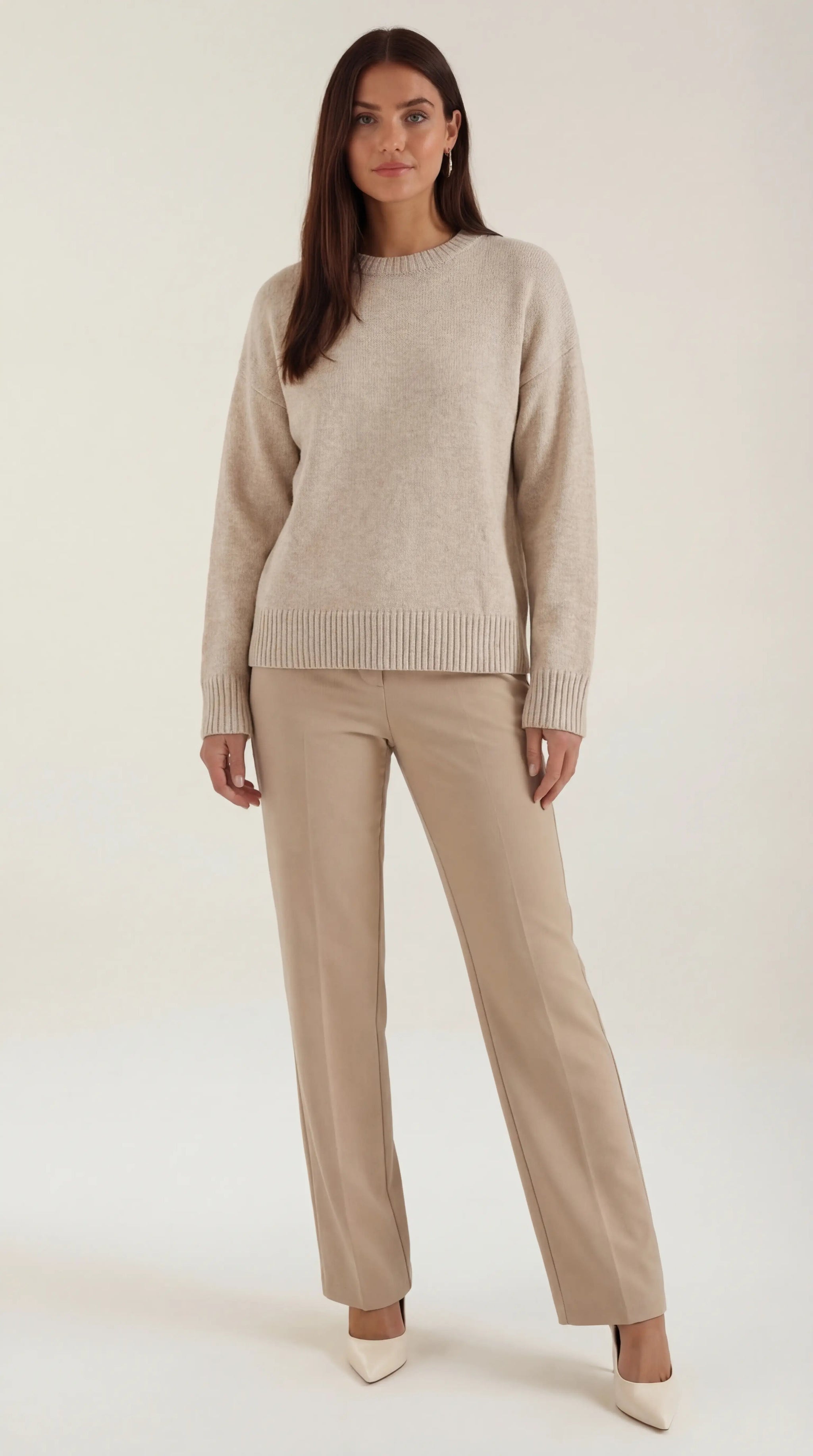 Ruby Women's Ribbed Edge Oversized Knit Jumper - Beige
