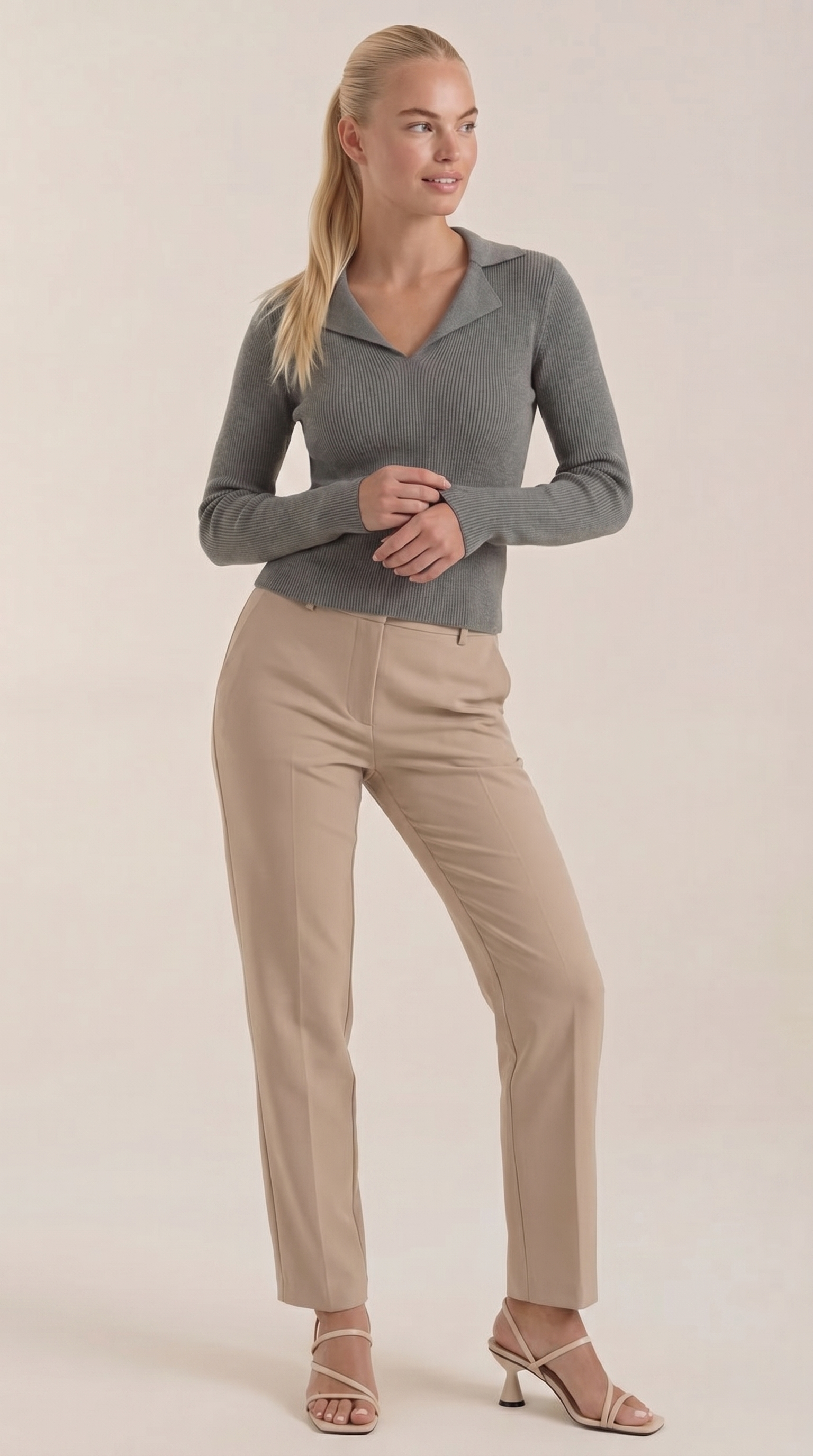 Sara Women's V-Neck Ribbed Collared Knit Jumper - Grey