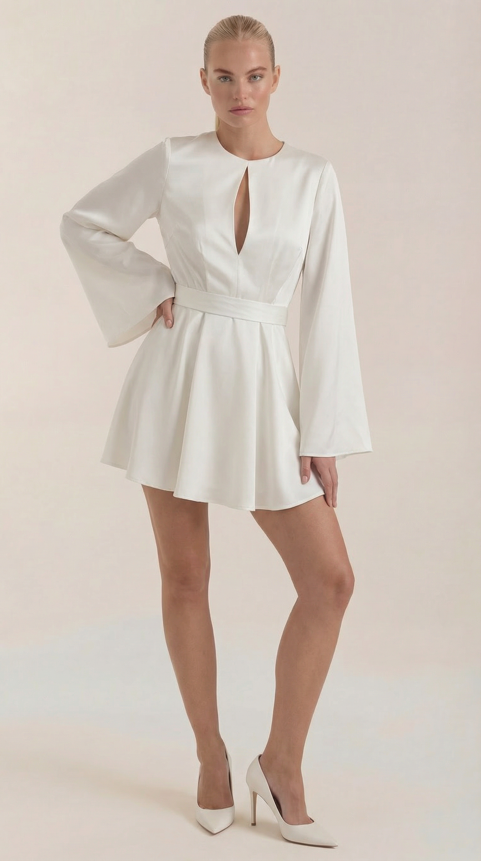 Serena Women's Flowy Bell Sleeve Tie Waist Mini Dress - White