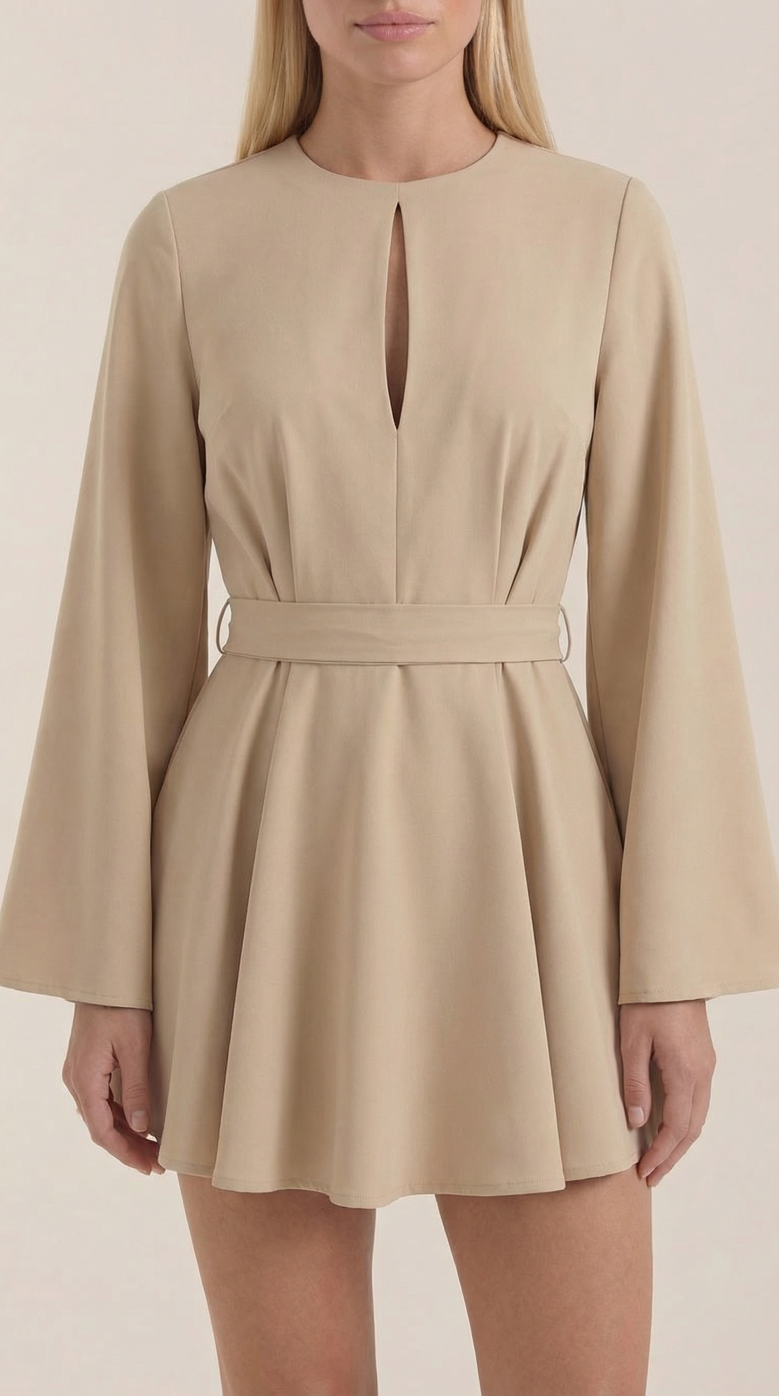 Serena Women's Flowy Bell Sleeve Tie Waist Mini Dress